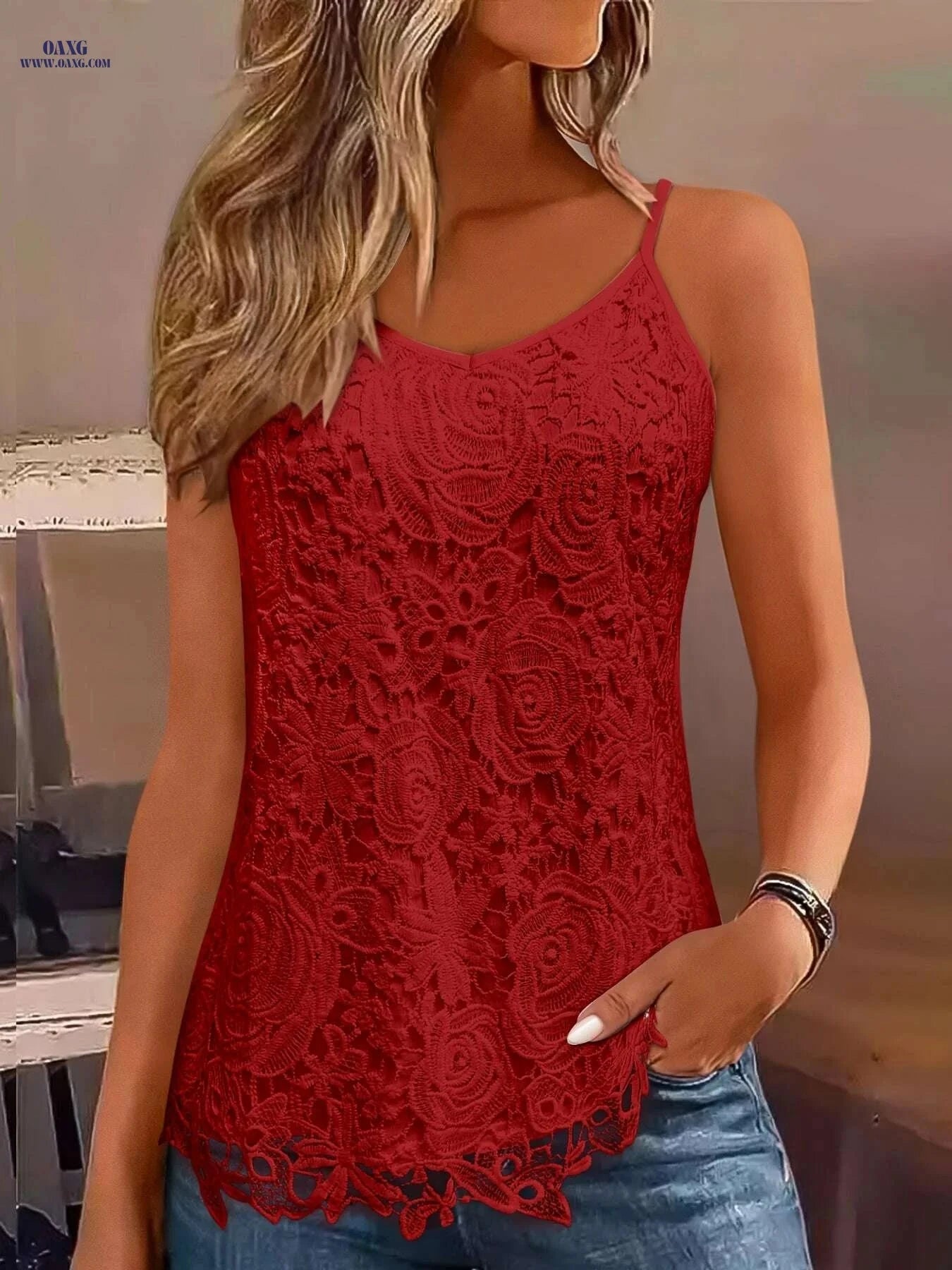 Elegant Black Lace-Trimmed V-Neck Tank Top for Women - Summer Style   OAXG White / S
