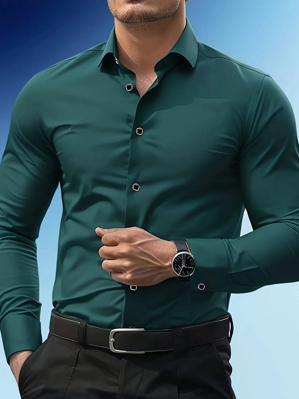 Elegant Black Long Sleeve Button-Up Shirt - Casual & Formal Wear   OAXG 