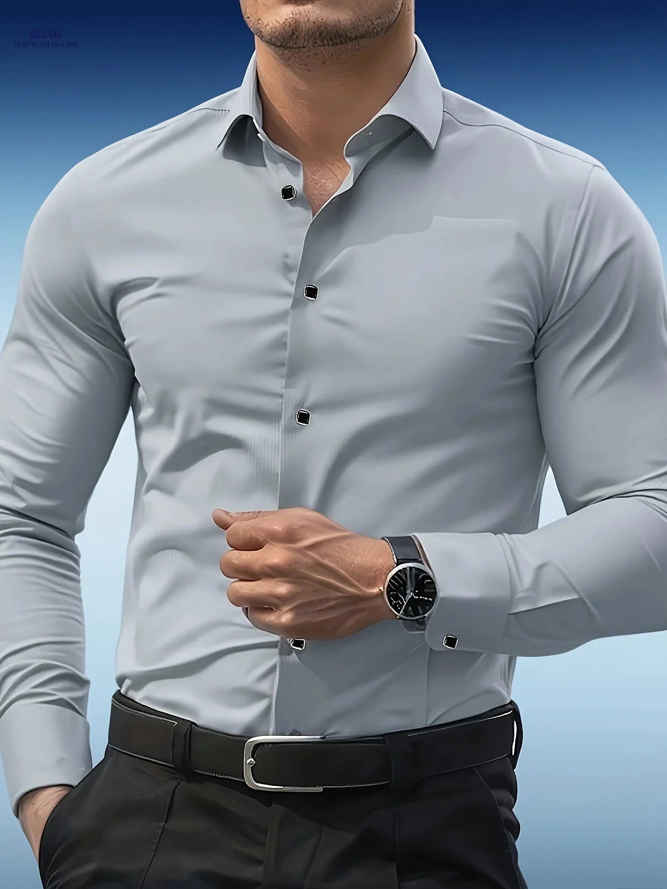 Elegant Black Long Sleeve Button-Up Shirt - Casual & Formal Wear   OAXG Sky Blue / FR M