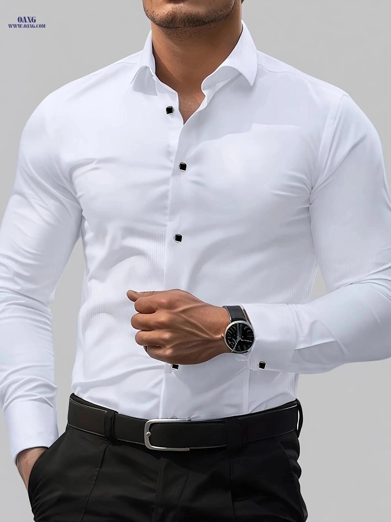 Elegant Black Long Sleeve Button-Up Shirt - Casual & Formal Wear   OAXG Sky Blue / FR M