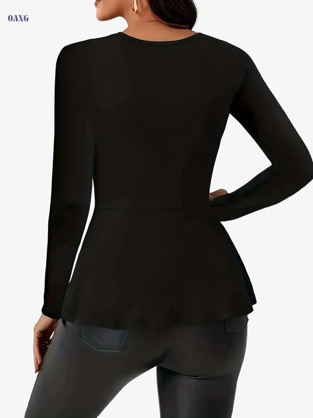 Elegant Black Long Sleeve Top for Women - Polyester, Crew Neck   OAXG 