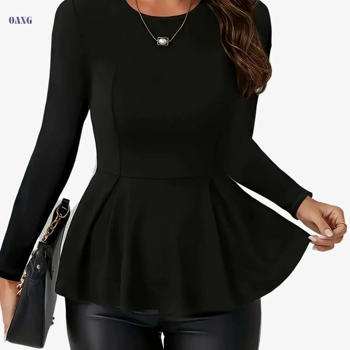 Elegant Black Long Sleeve Top for Women - Polyester, Crew Neck   OAXG Black / S