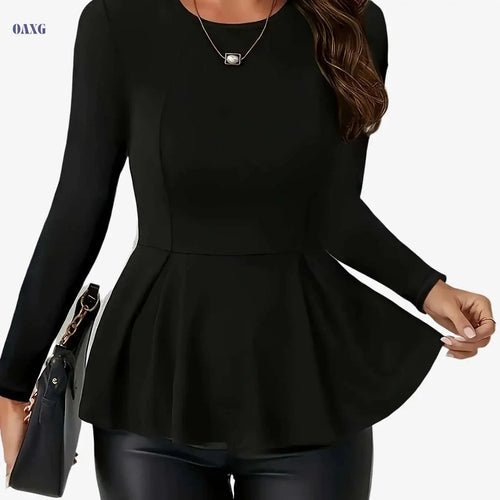 Elegant Black Long Sleeve Top for Women - Polyester, Crew Neck   OAXG Black / S