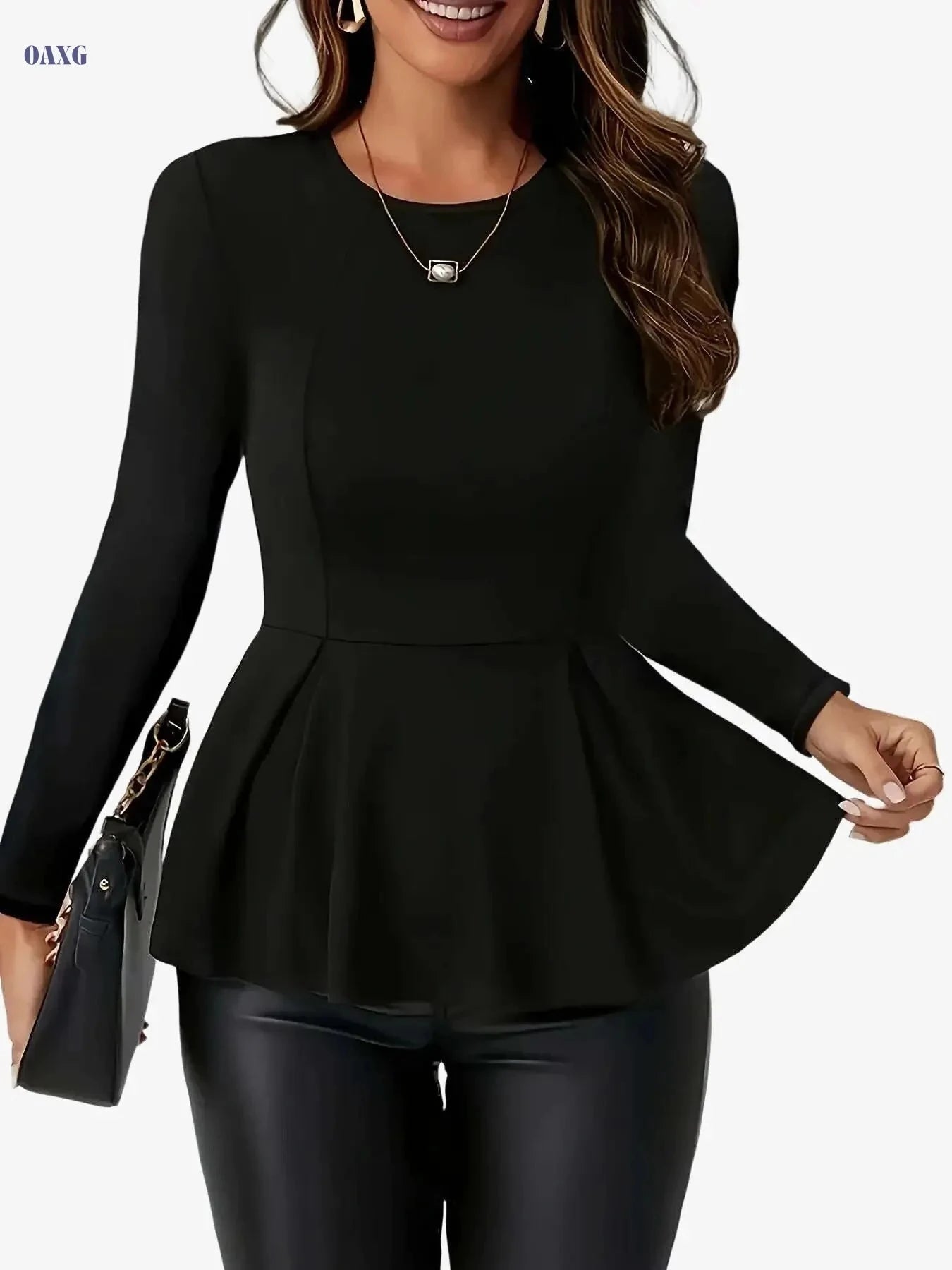 Elegant Black Long Sleeve Top for Women - Polyester, Crew Neck   OAXG 