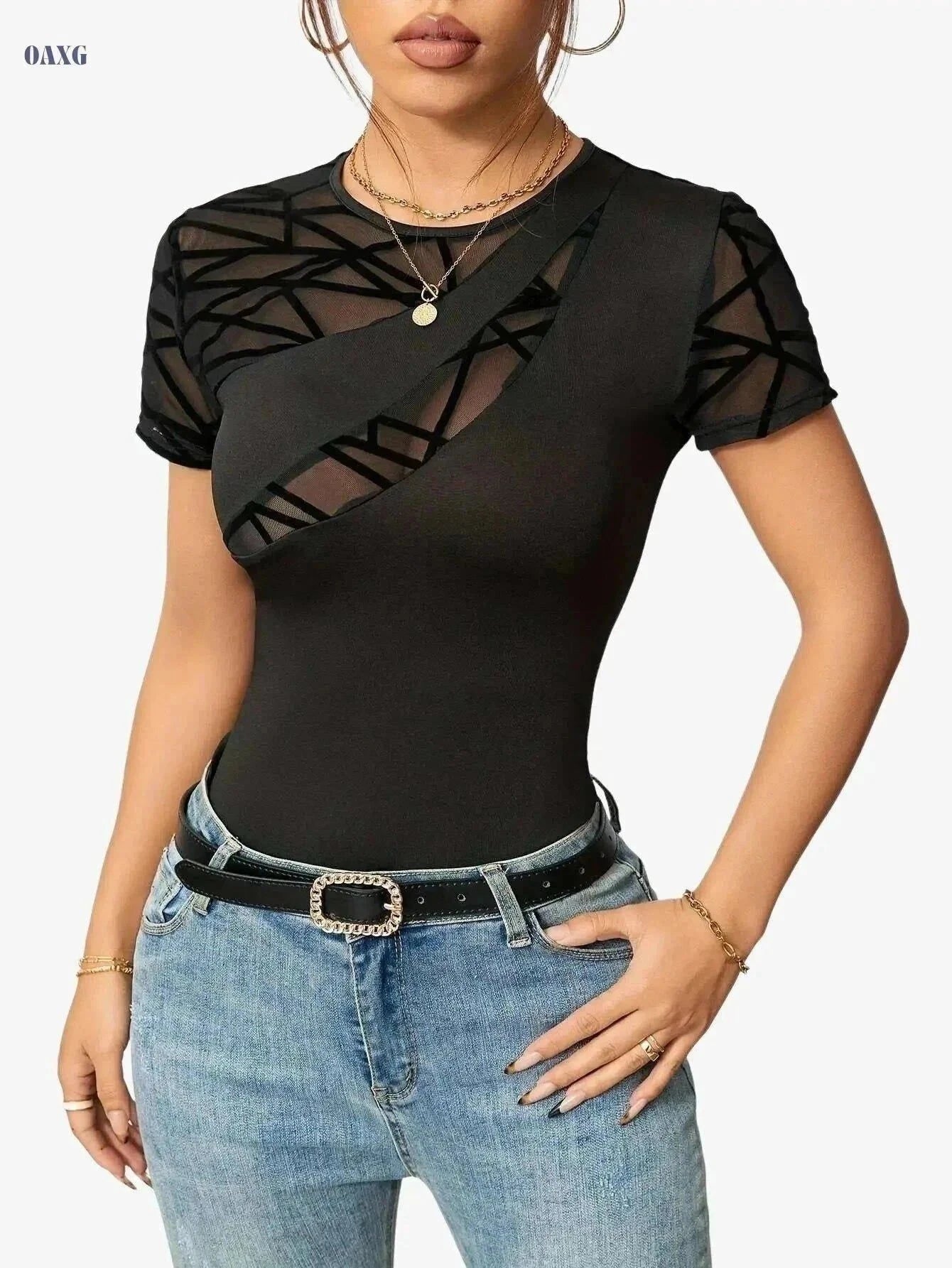 Elegant Black Mesh Panel T-Shirt - Women’s Slim-Fit, Breathable Fabric   OAXG Black / S