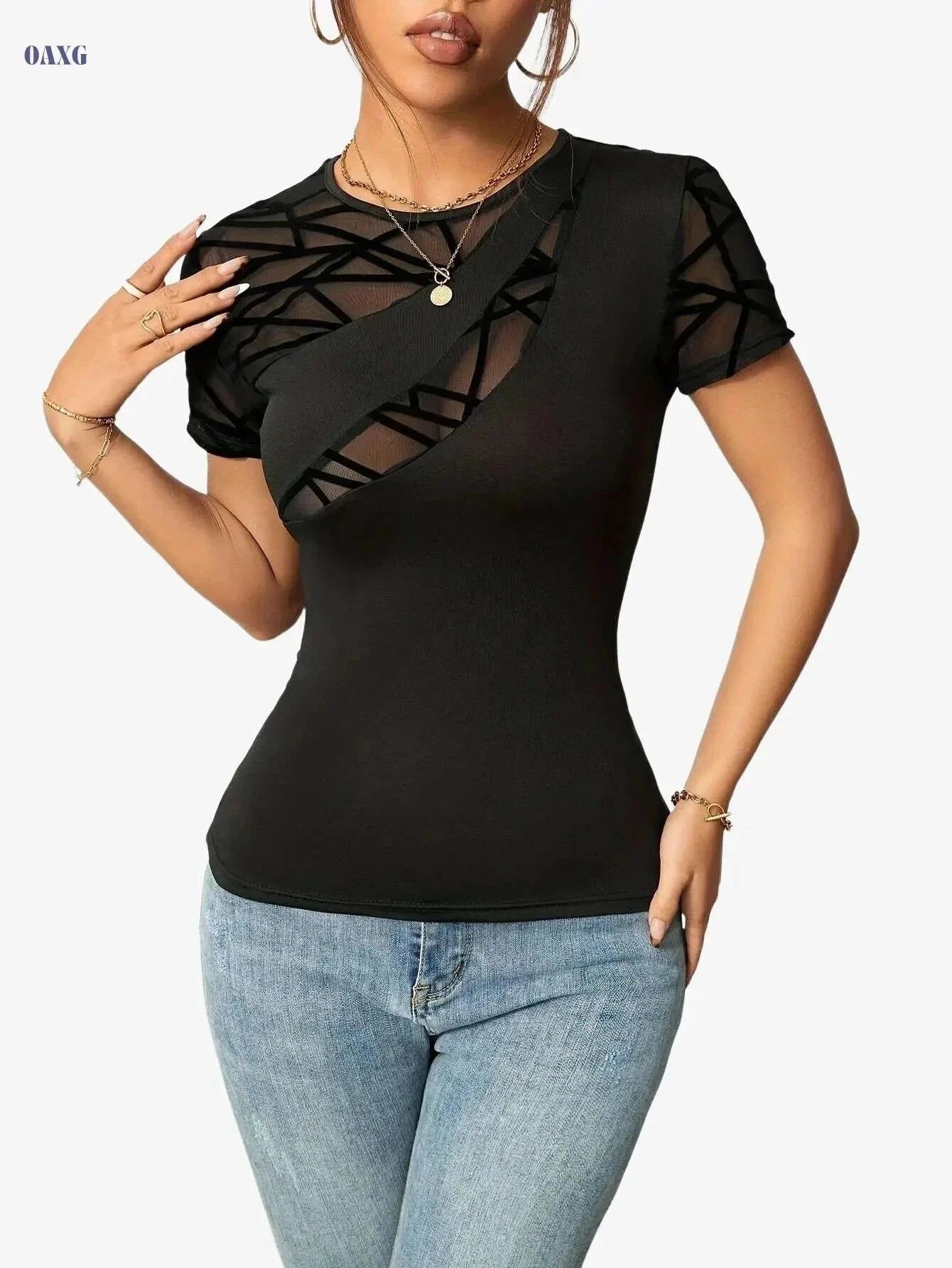 Elegant Black Mesh Panel T-Shirt - Women’s Slim-Fit, Breathable Fabric   OAXG Black / S