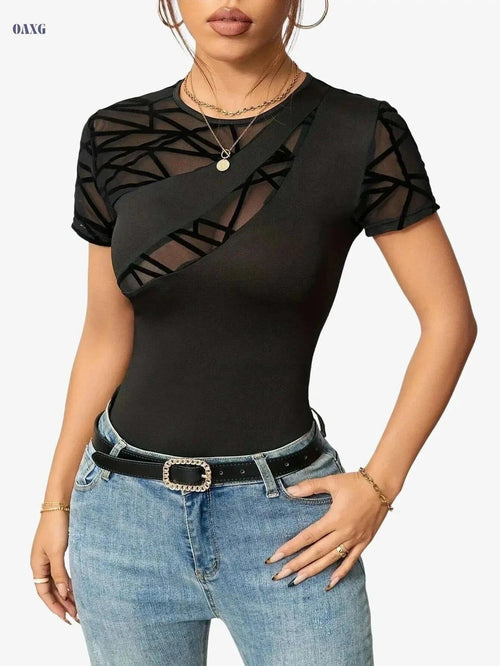 Elegant Black Mesh Panel T-Shirt - Women’s Slim-Fit, Breathable Fabric   OAXG Black / S