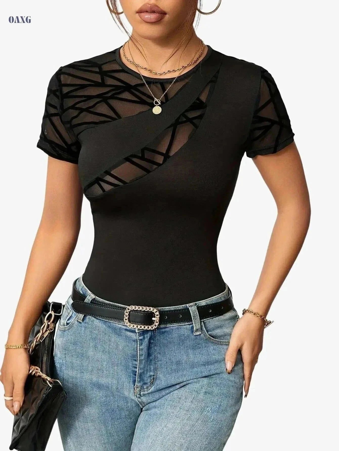 Elegant Black Mesh Panel T-Shirt - Women’s Slim-Fit, Breathable Fabric   OAXG Black / S