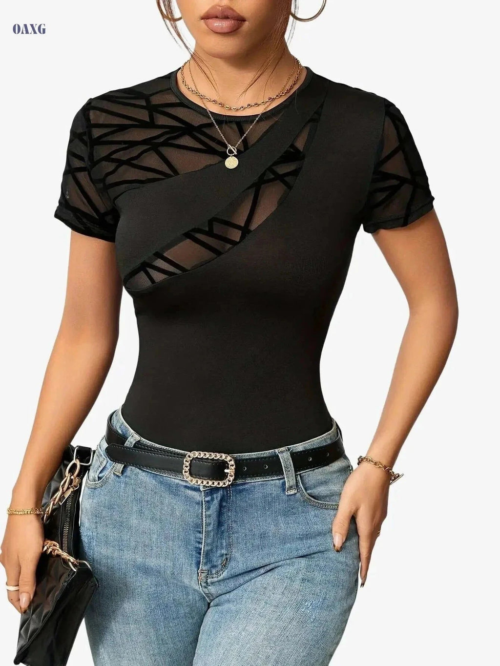 Elegant Black Mesh Panel T-Shirt - Women’s Slim-Fit, Breathable Fabric   OAXG Black / S