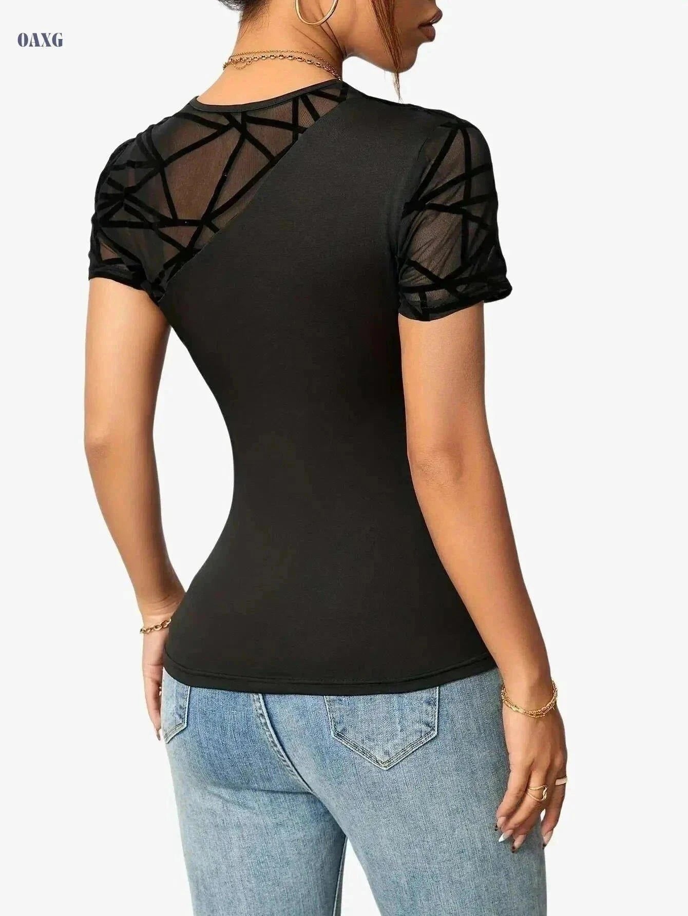 Elegant Black Mesh Panel T-Shirt - Women’s Slim-Fit, Breathable Fabric   OAXG Black / S