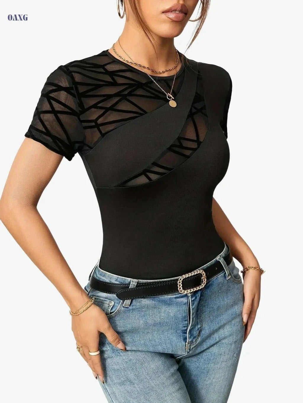 Elegant Black Mesh Panel T-Shirt - Women’s Slim-Fit, Breathable Fabric   OAXG Black / S
