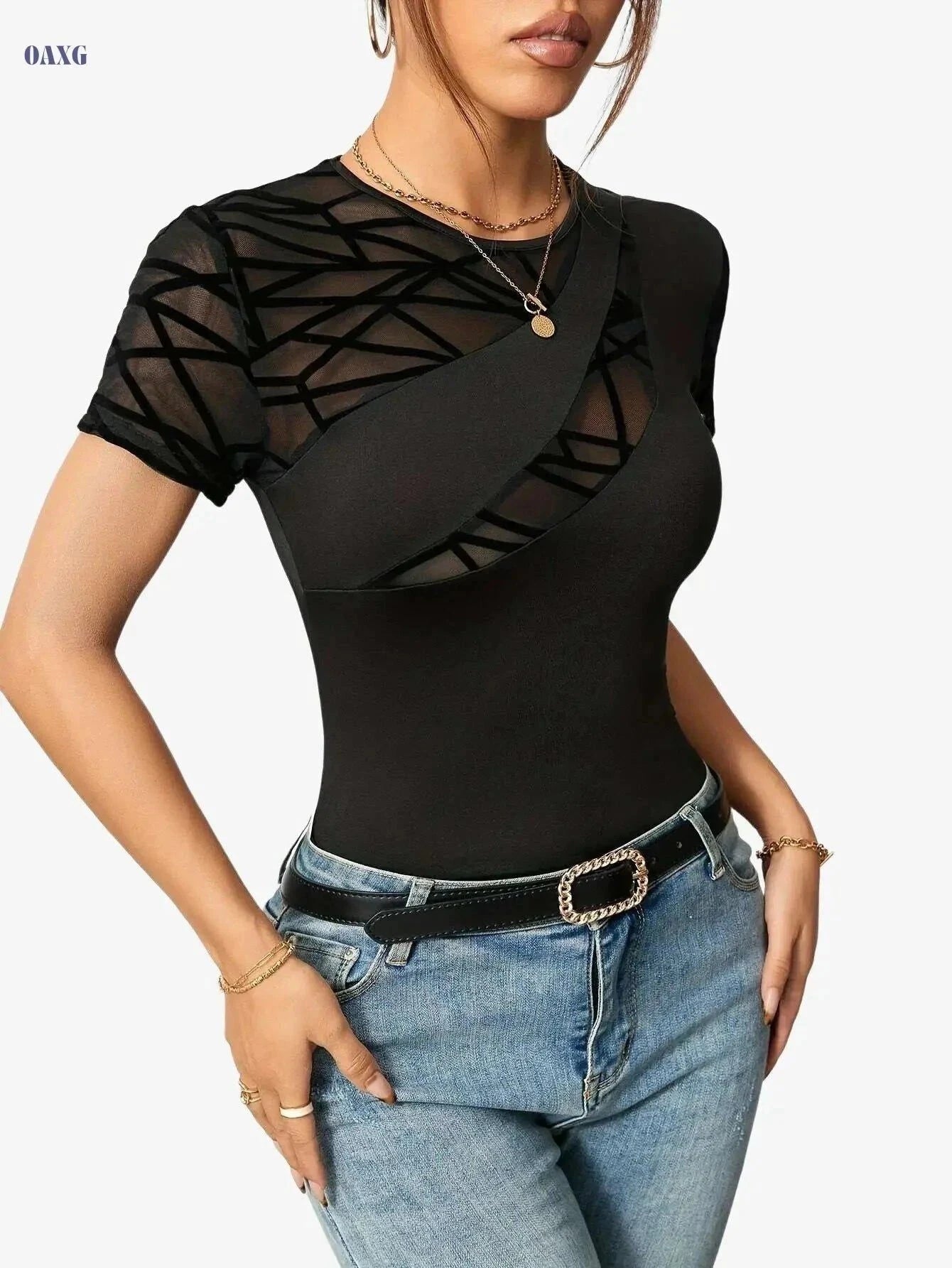 Elegant Black Mesh Panel T-Shirt - Women’s Slim-Fit, Breathable Fabric   OAXG Black / S