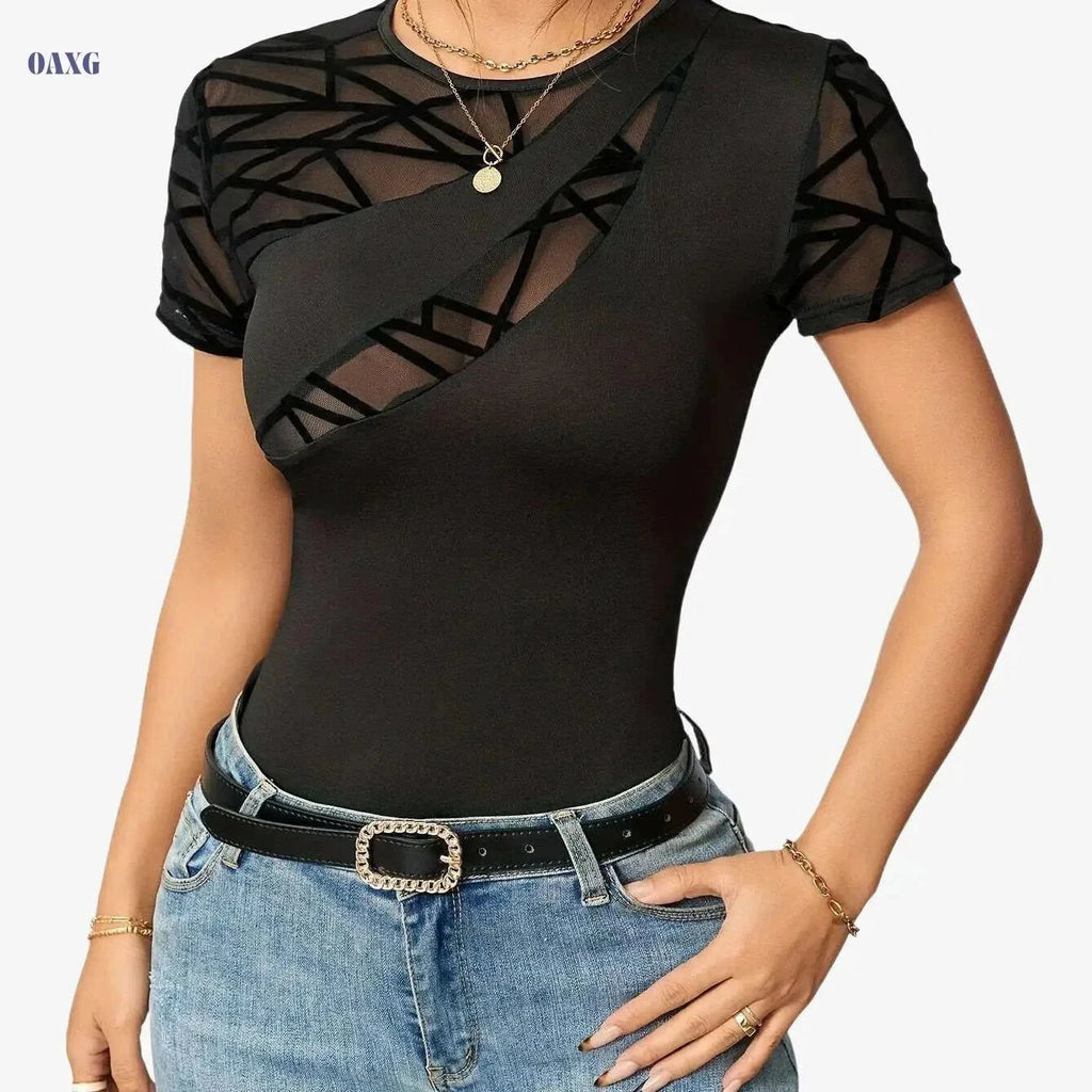 Elegant Black Mesh Panel T-Shirt - Women’s Slim-Fit, Breathable Fabric   OAXG Black / S