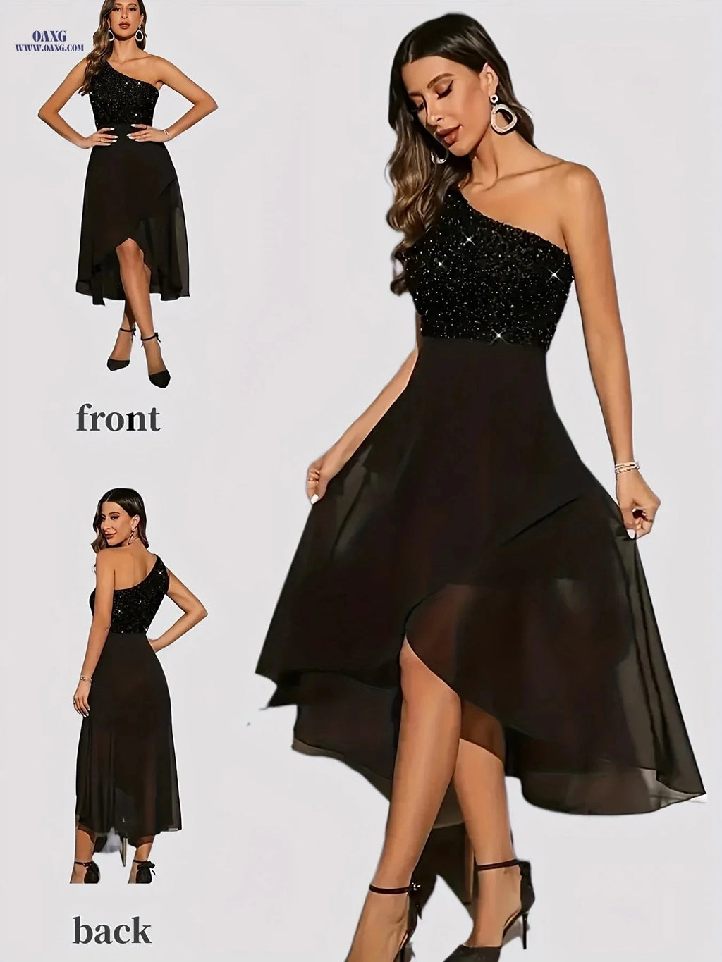 Elegant Black One-Shoulder Midi Dress - Sequin Patchwork Stylish   OAXG 