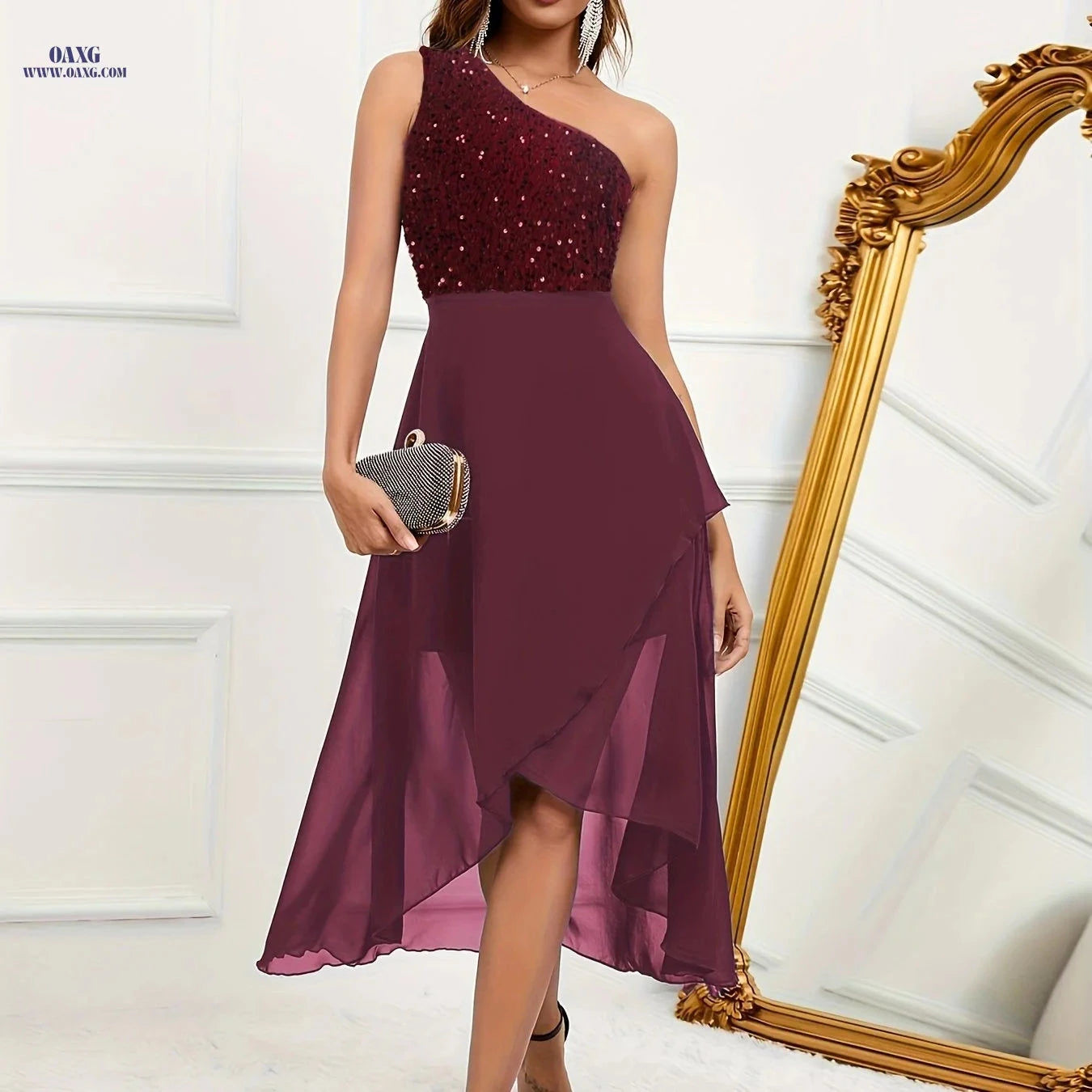 Elegant Black One-Shoulder Midi Dress - Sequin Patchwork Stylish   OAXG 