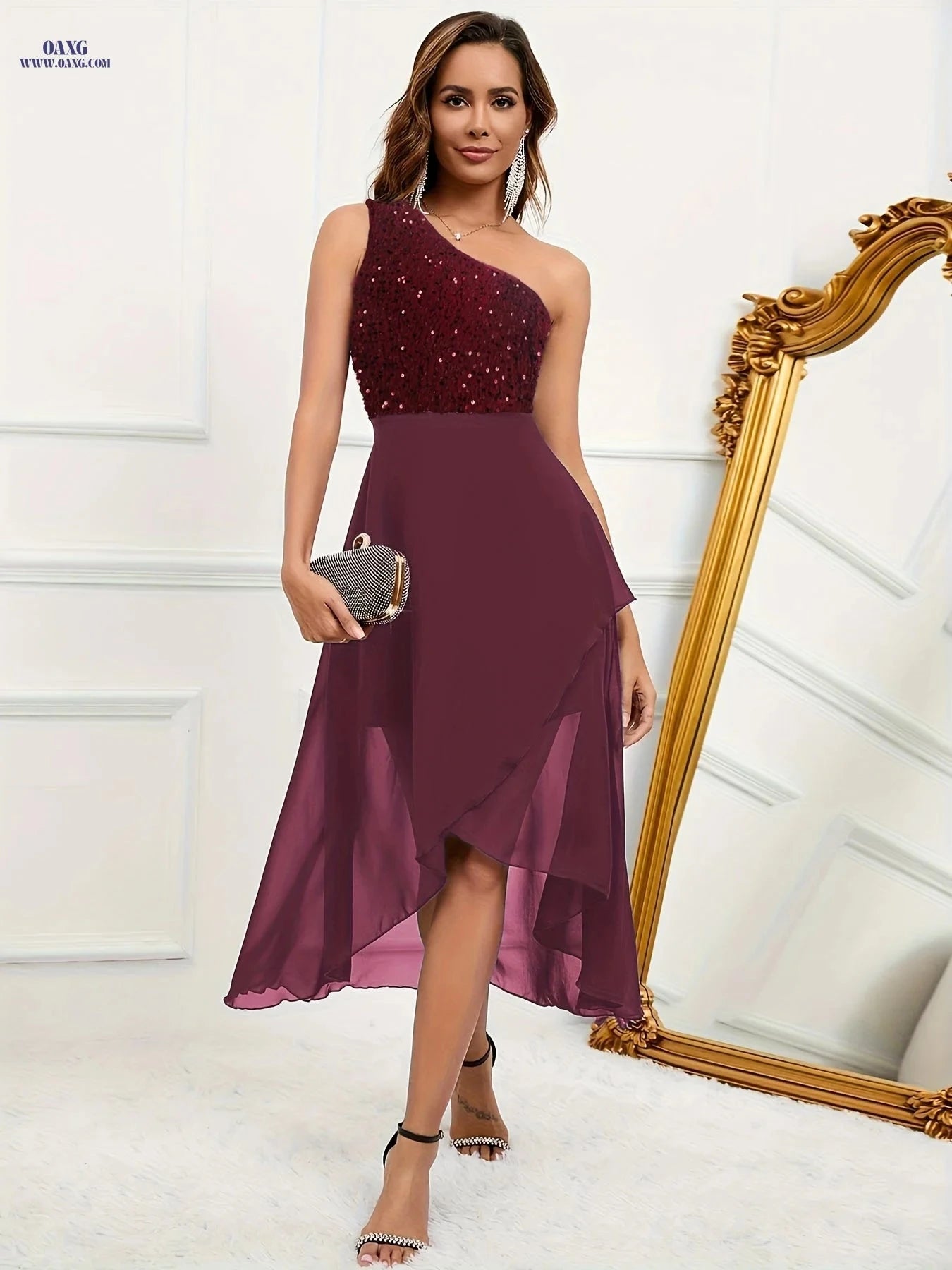 Elegant Black One-Shoulder Midi Dress - Sequin Patchwork Stylish   OAXG Pink / S