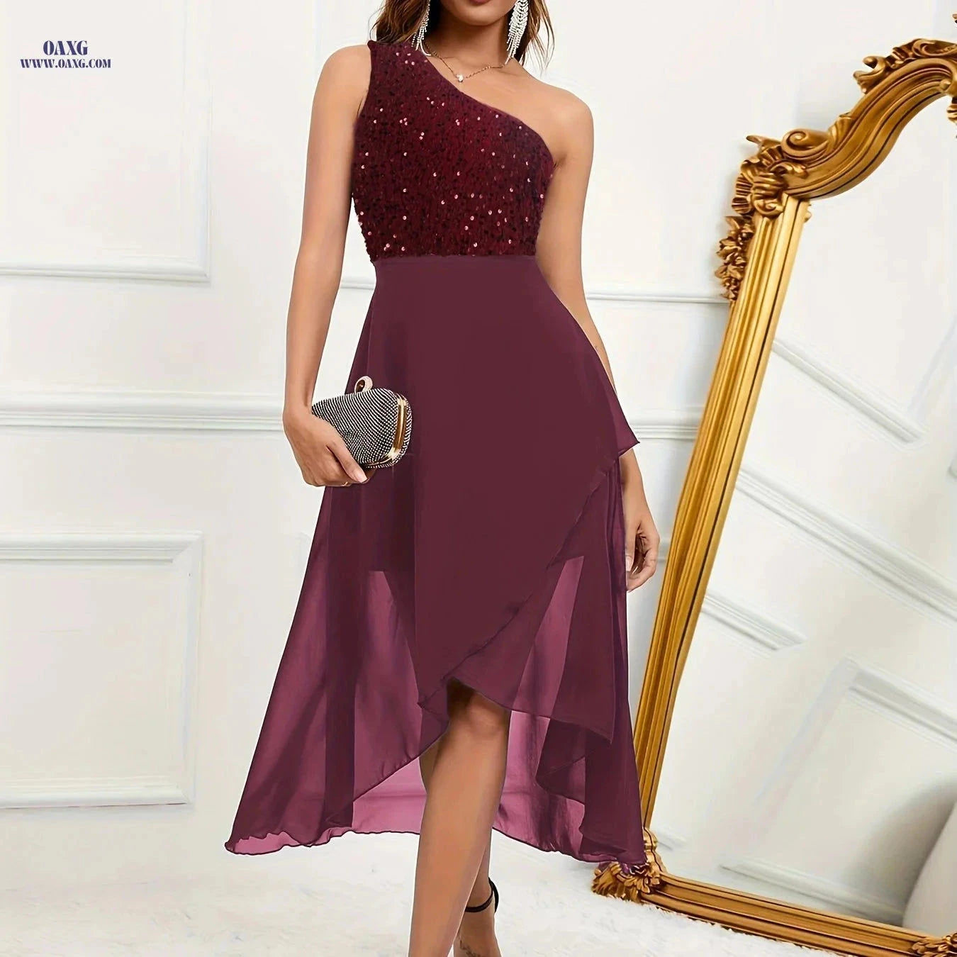 Elegant Black One-Shoulder Midi Dress - Sequin Patchwork Stylish   OAXG Pink / S