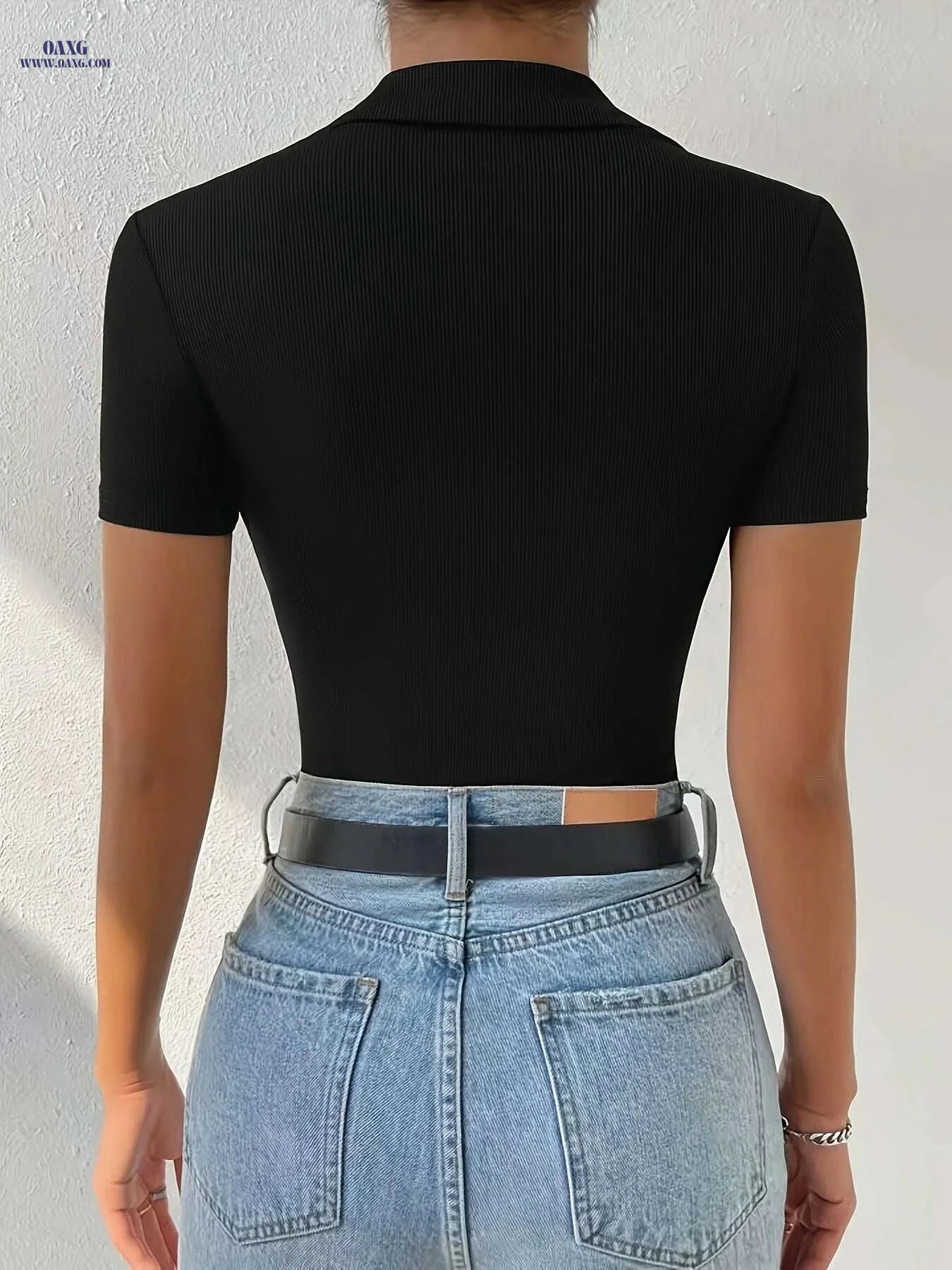 Elegant Black Polo Neck Bodysuit - Stretchy Short Sleeve for Casual Wear   OAXG Black / S