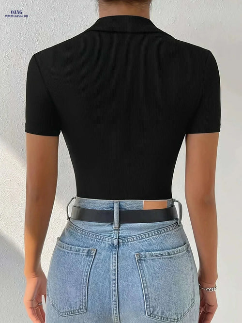 Elegant Black Polo Neck Bodysuit - Stretchy Short Sleeve for Casual Wear   OAXG Black / S