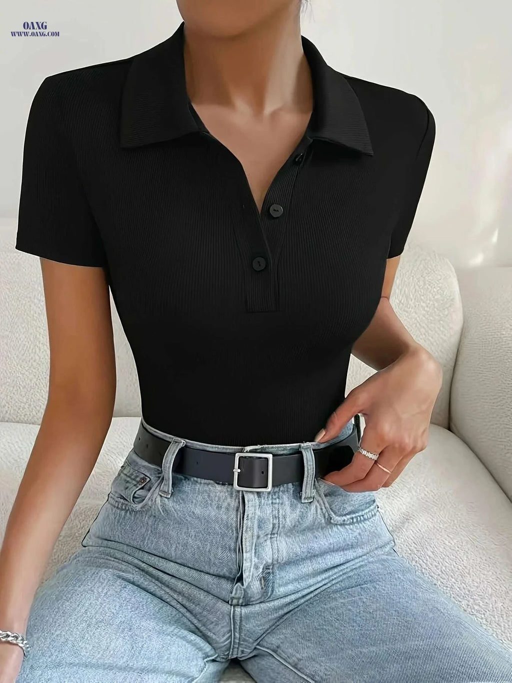 Elegant Black Polo Neck Bodysuit - Stretchy Short Sleeve for Casual Wear   OAXG 