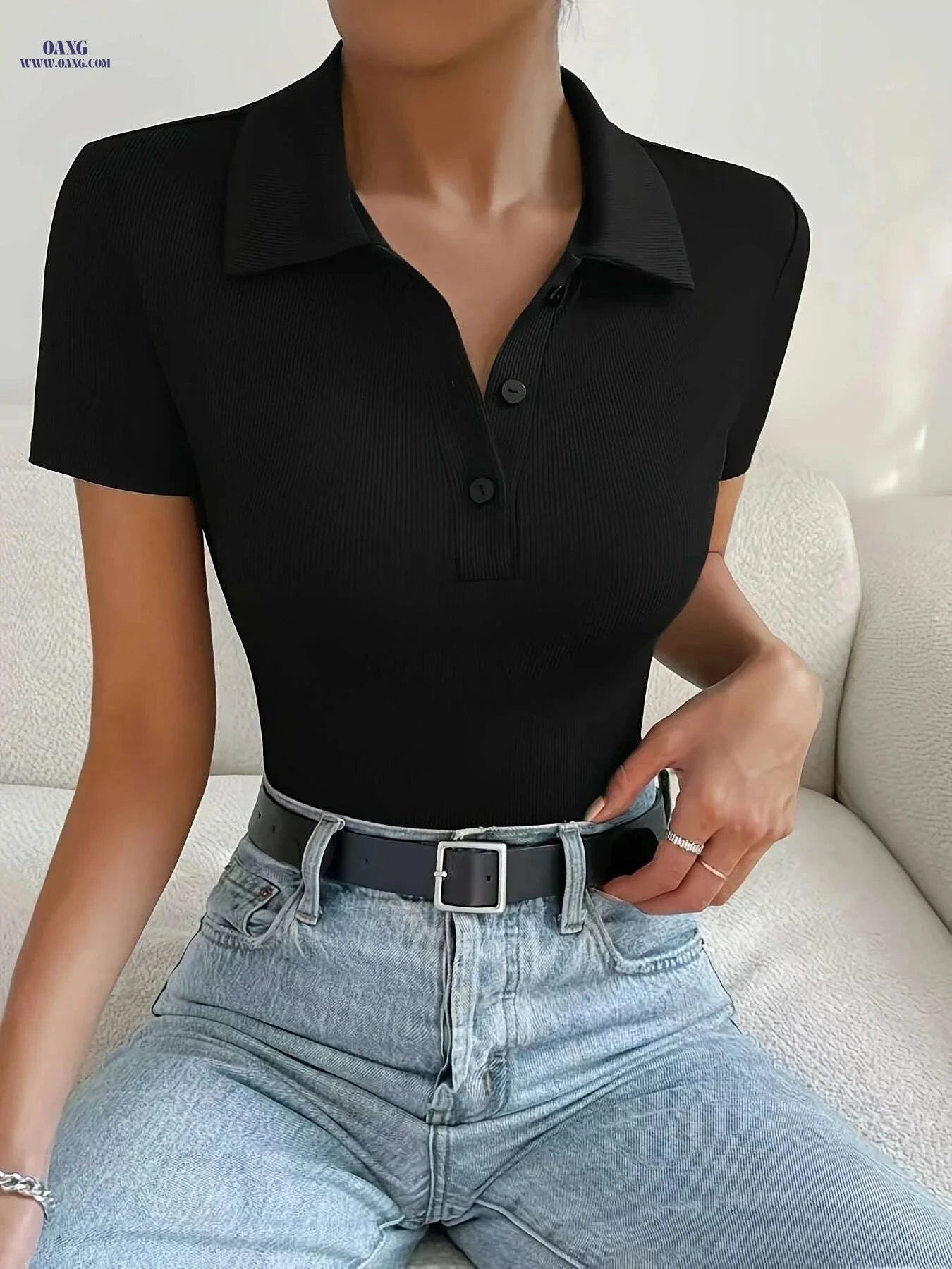 Elegant Black Polo Neck Bodysuit - Stretchy Short Sleeve for Casual Wear   OAXG 