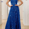 Elegant Black Sequined Dress for Women - Waist-Cinching Party Gown   OAXG 