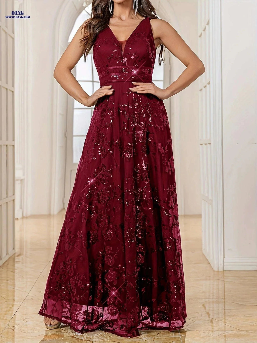 Elegant Black Sequined Dress for Women - Waist-Cinching Party Gown   OAXG 
