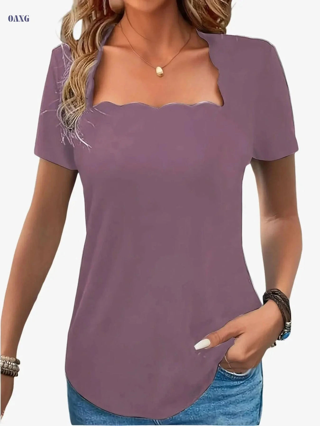 Elegant Black Square Neck T-Shirt - Women's Casual & Dressy Top   OAXG 