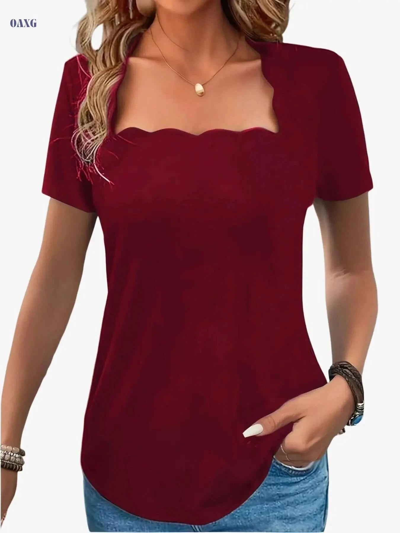 Elegant Black Square Neck T-Shirt - Women's Casual & Dressy Top   OAXG 