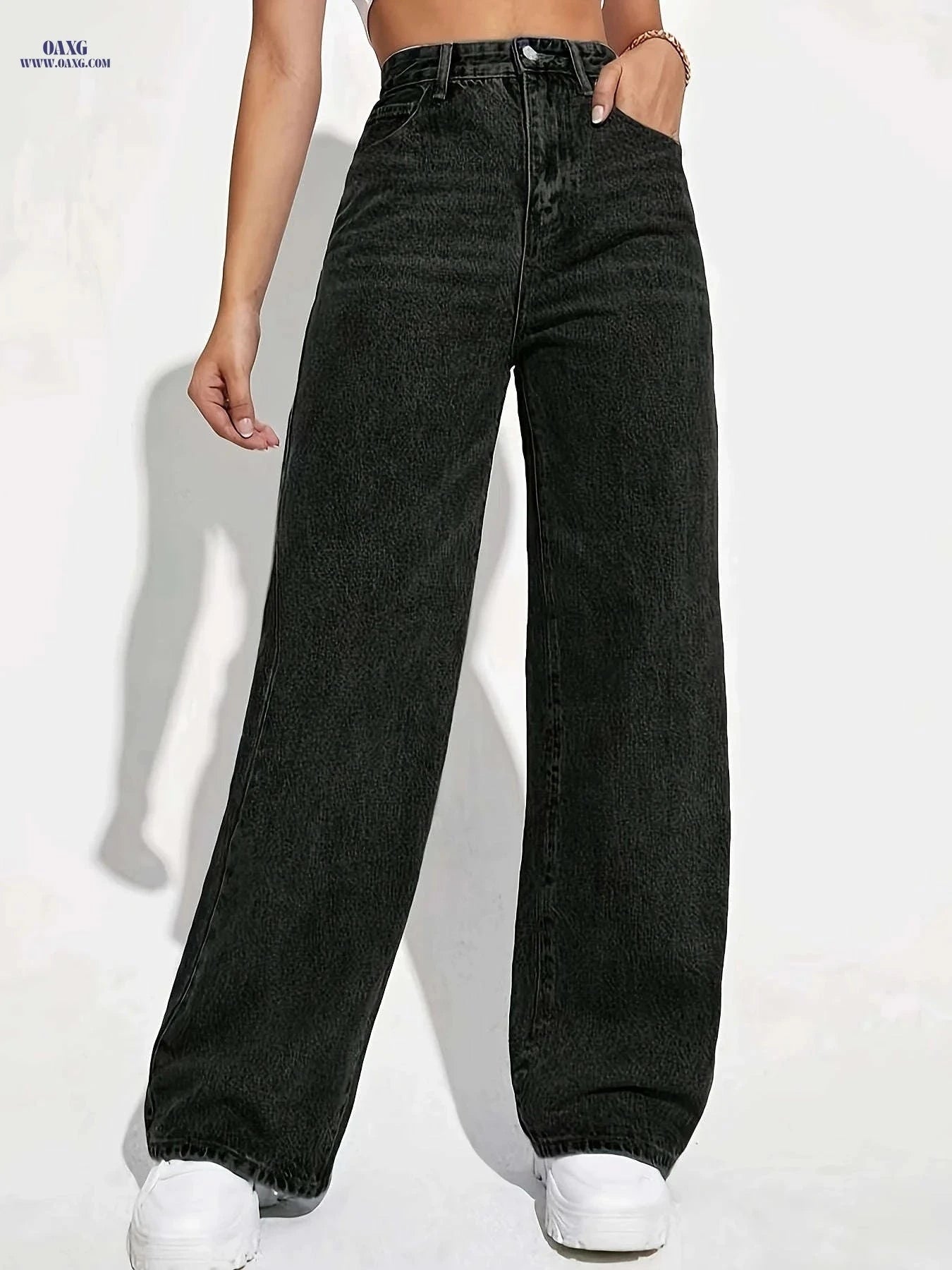 Elegant Black Stretchy Straight-Leg Pants - All-Season Casual Wear   OAXG 