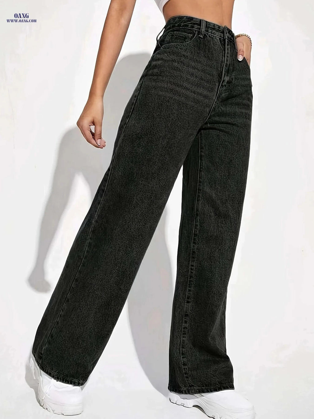 Elegant Black Stretchy Straight-Leg Pants - All-Season Casual Wear   OAXG Black / XS