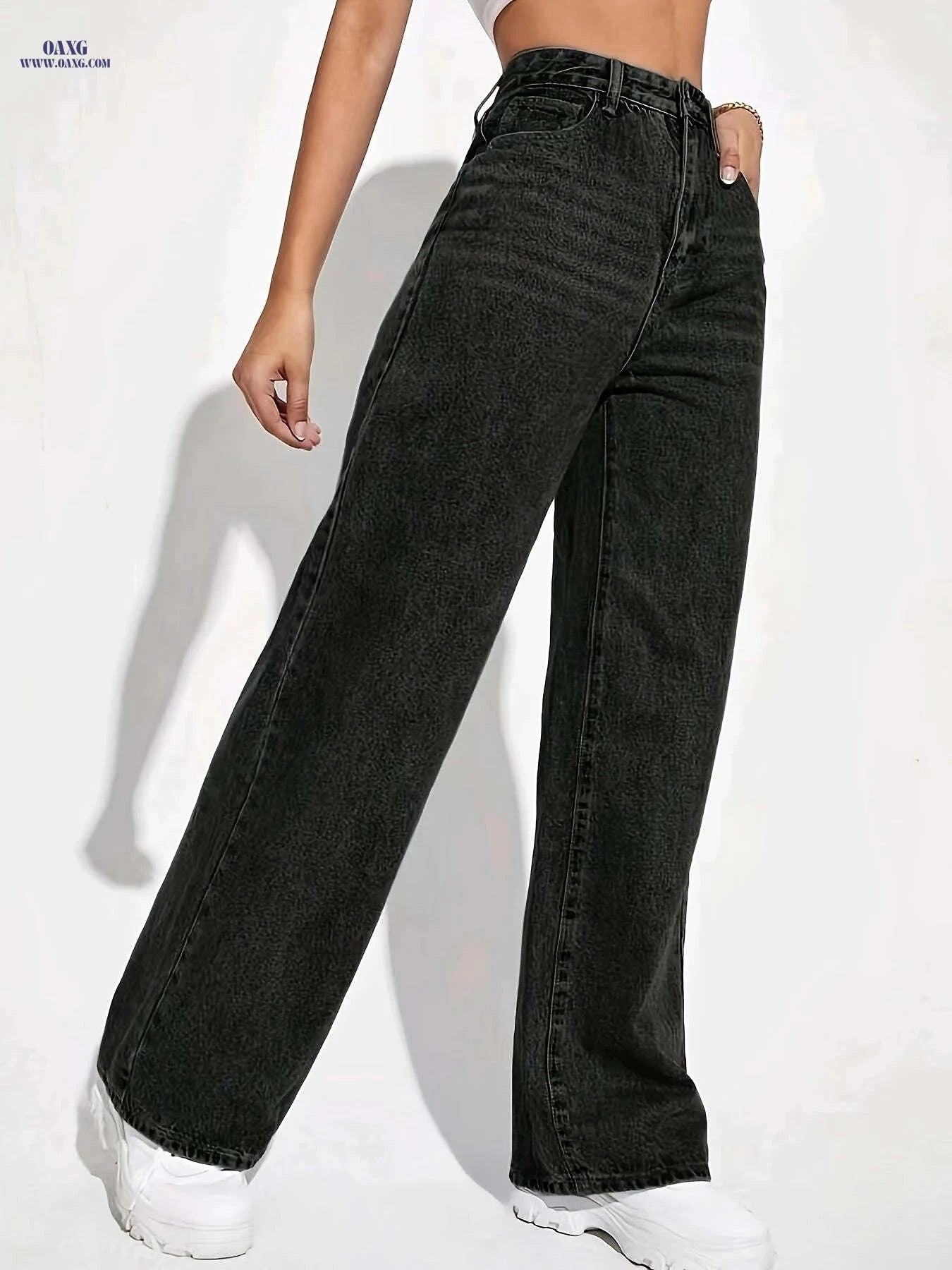 Elegant Black Stretchy Straight-Leg Pants - All-Season Casual Wear   OAXG Black / XS