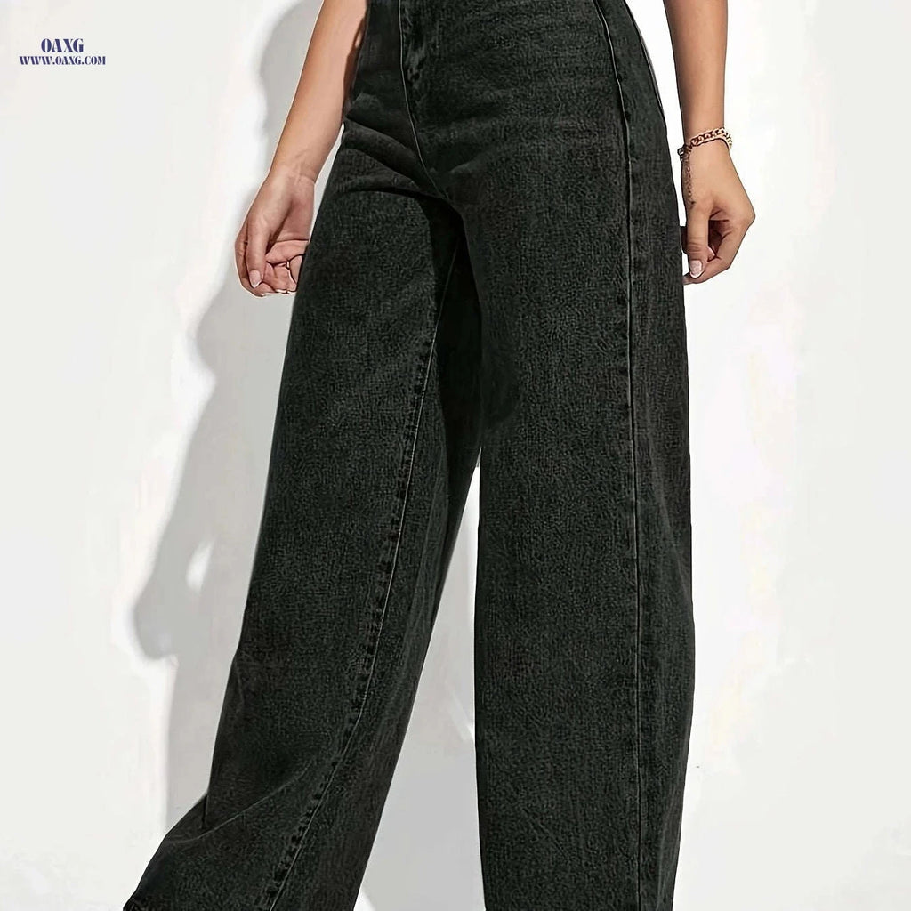 Elegant Black Stretchy Straight-Leg Pants - All-Season Casual Wear   OAXG Black / XS