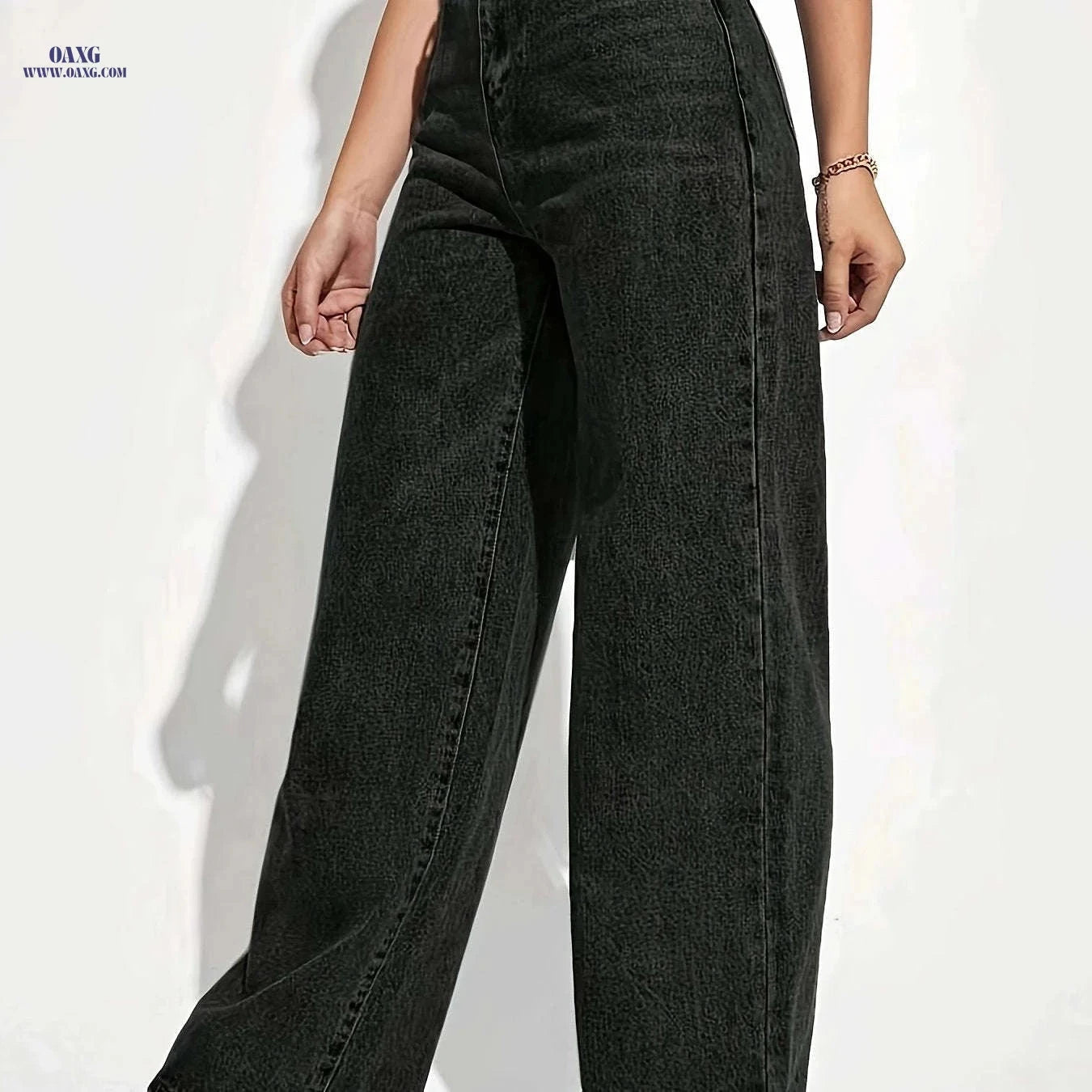 Elegant Black Stretchy Straight-Leg Pants - All-Season Casual Wear   OAXG Black / XS