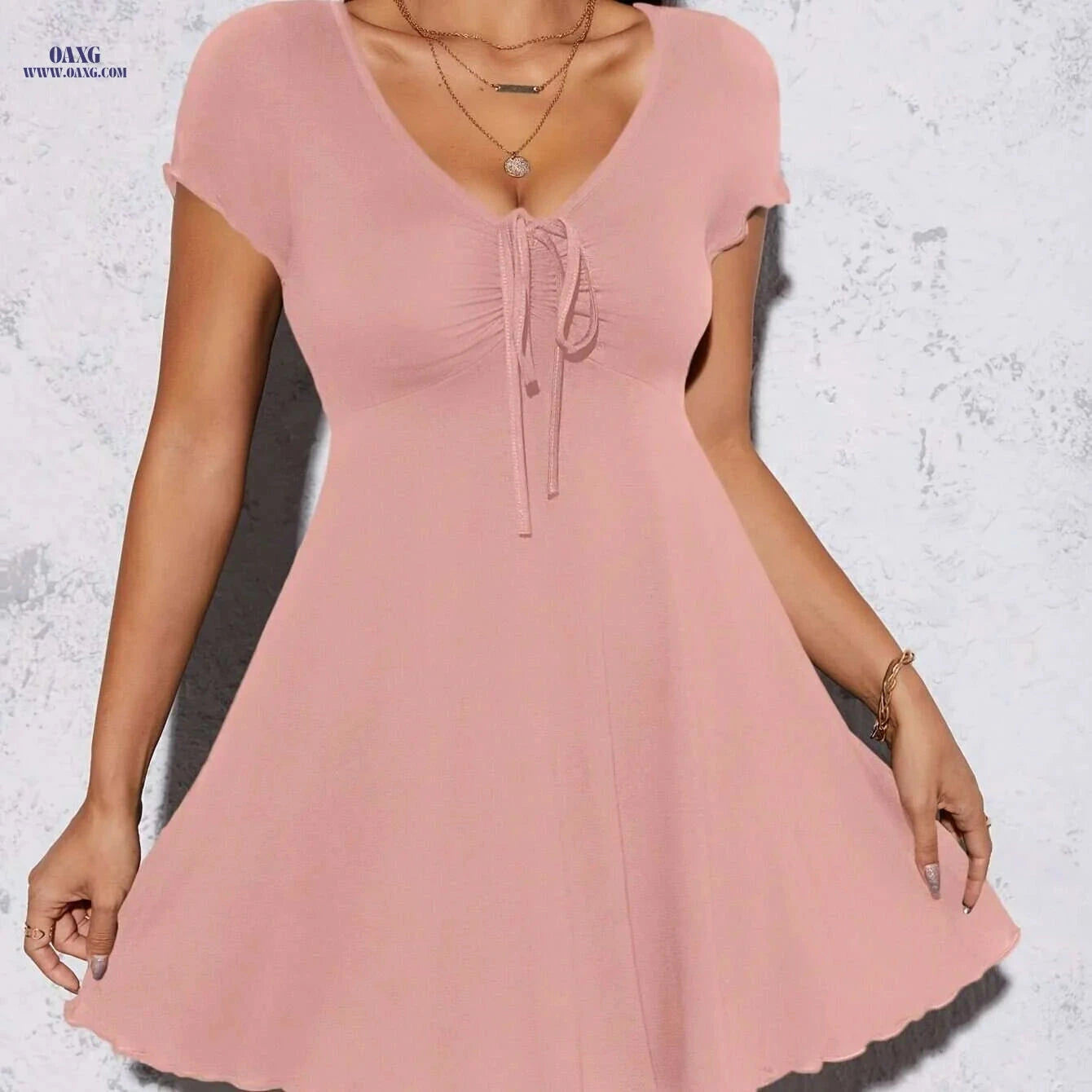 Elegant Black Summer Knit Dress - Slim Fit V-Neck, Short Sleeve   OAXG 