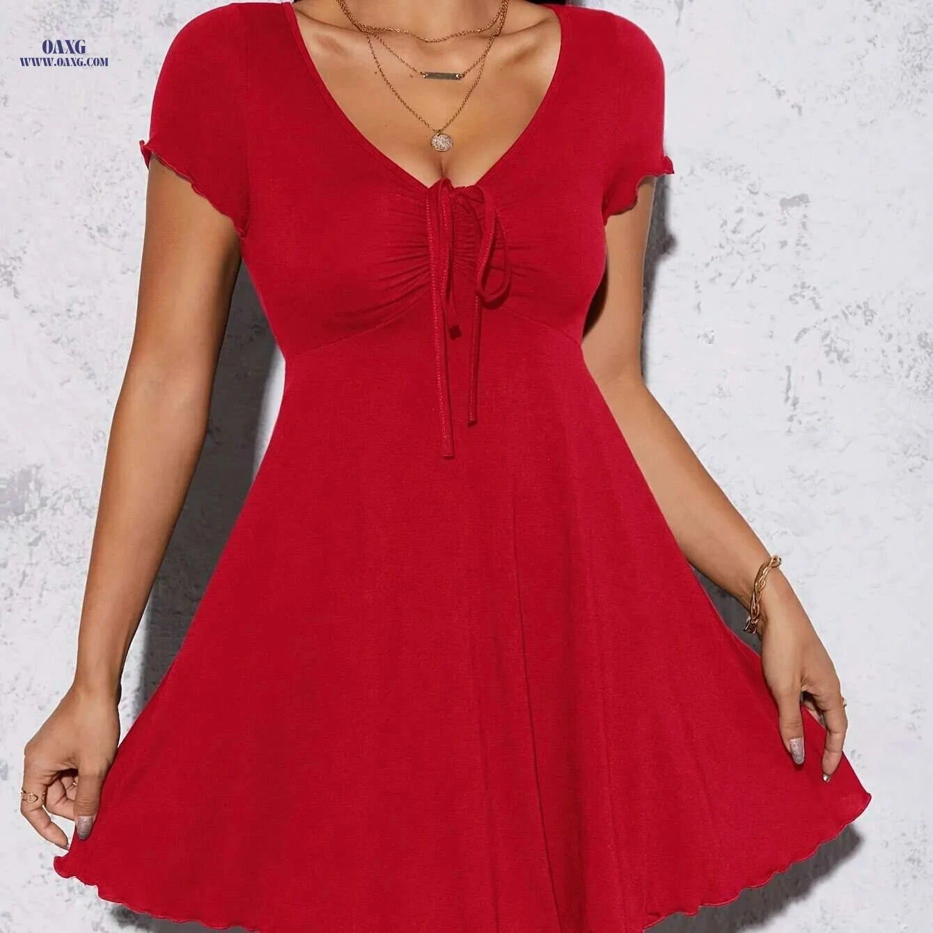 Elegant Black Summer Knit Dress - Slim Fit V-Neck, Short Sleeve   OAXG Khaki / XS