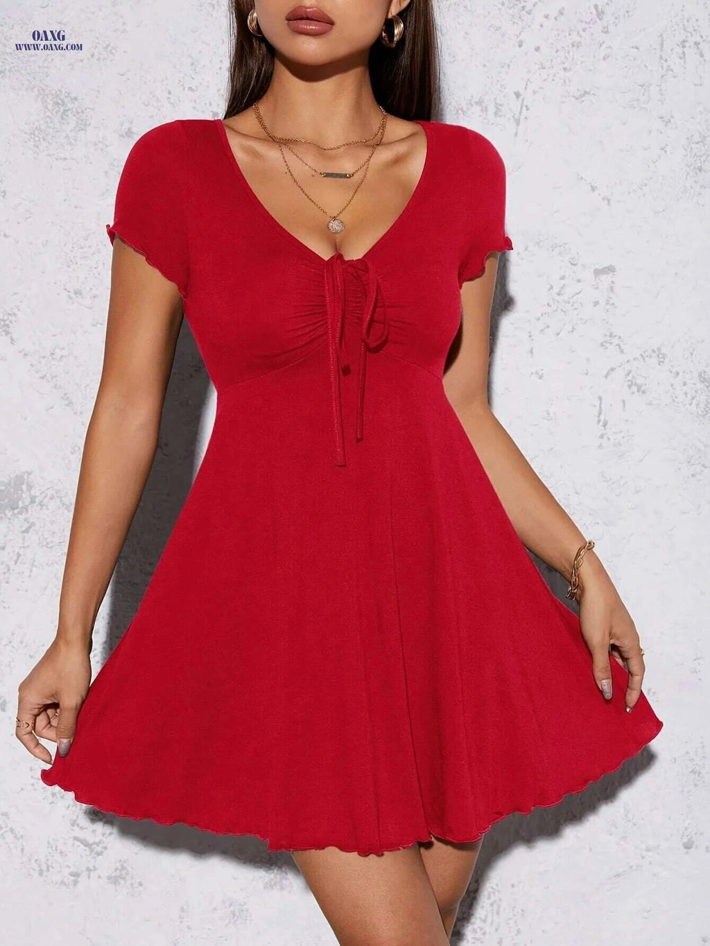 Elegant Black Summer Knit Dress - Slim Fit V-Neck, Short Sleeve   OAXG 