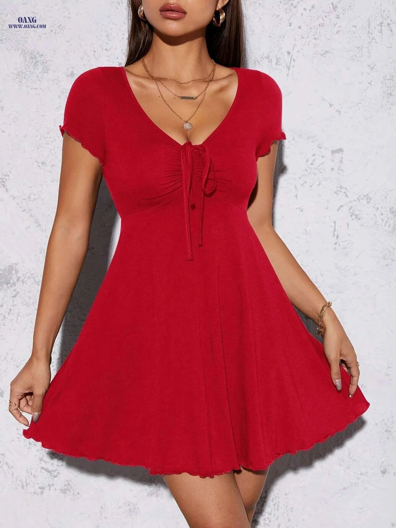 Elegant Black Summer Knit Dress - Slim Fit V-Neck, Short Sleeve   OAXG 