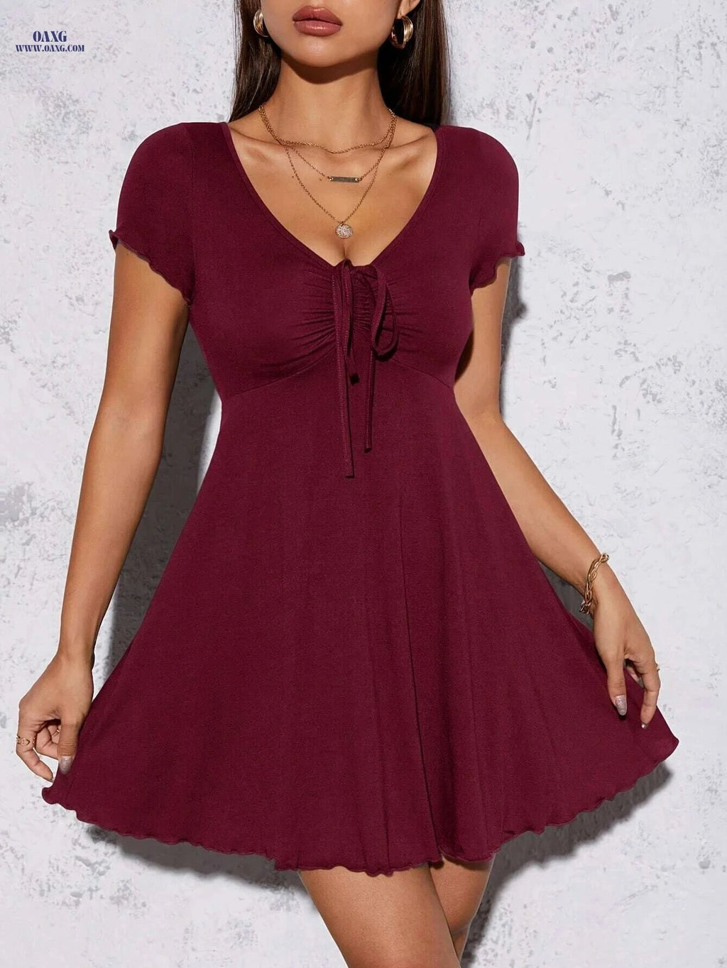 Elegant Black Summer Knit Dress - Slim Fit V-Neck, Short Sleeve   OAXG 