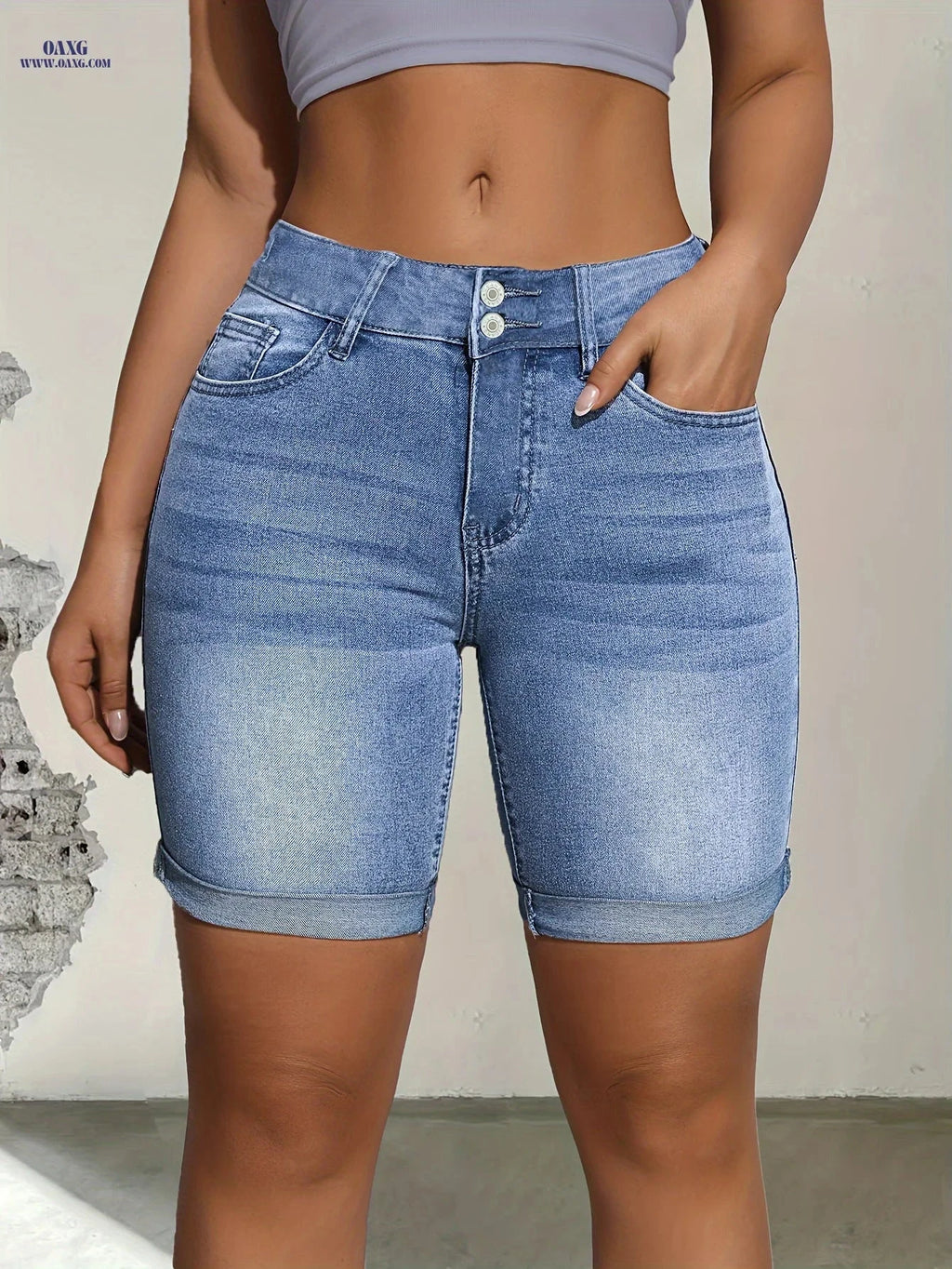 Elegant Blue Cat Whiskers Mid-Pants - High Stretch Cotton Denim   OAXG 