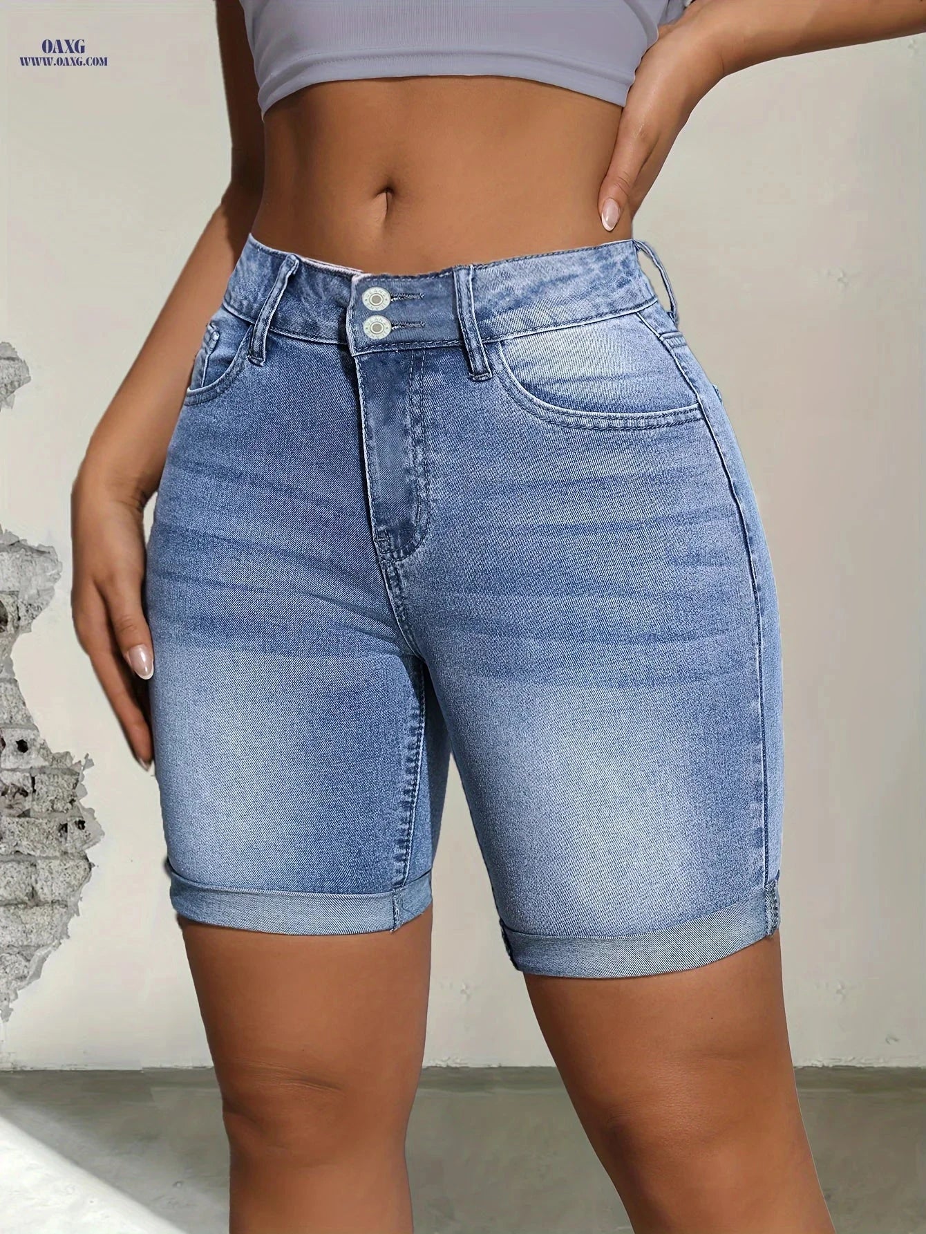Elegant Blue Cat Whiskers Mid-Pants - High Stretch Cotton Denim   OAXG 
