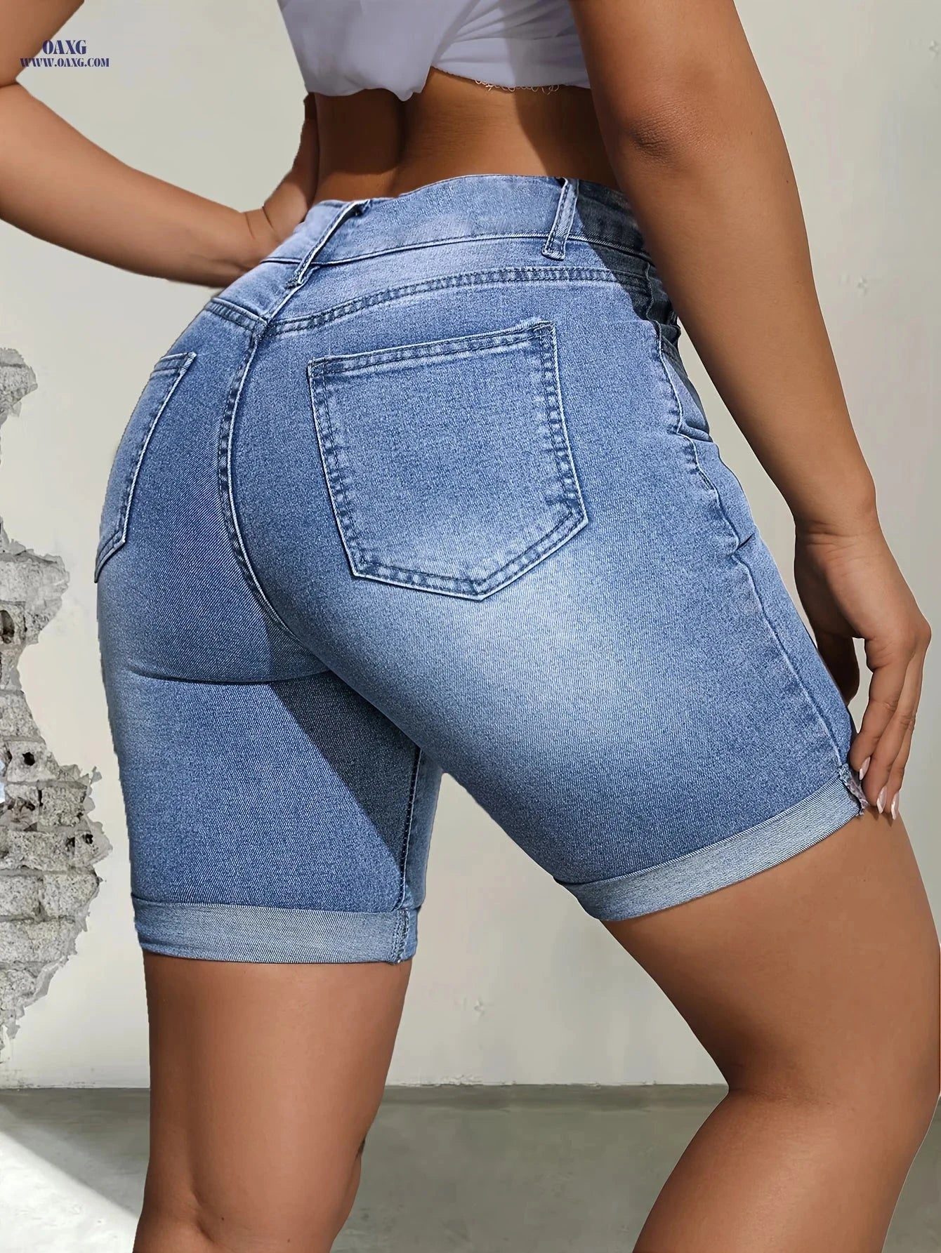 Elegant Blue Cat Whiskers Mid-Pants - High Stretch Cotton Denim   OAXG 