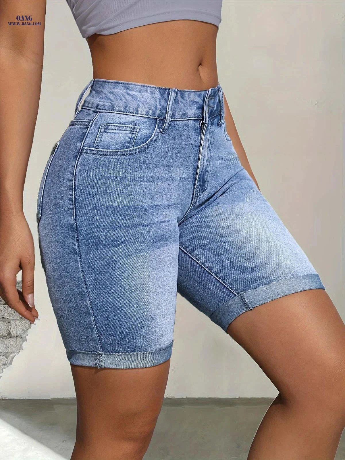 Elegant Blue Cat Whiskers Mid-Pants - High Stretch Cotton Denim   OAXG 