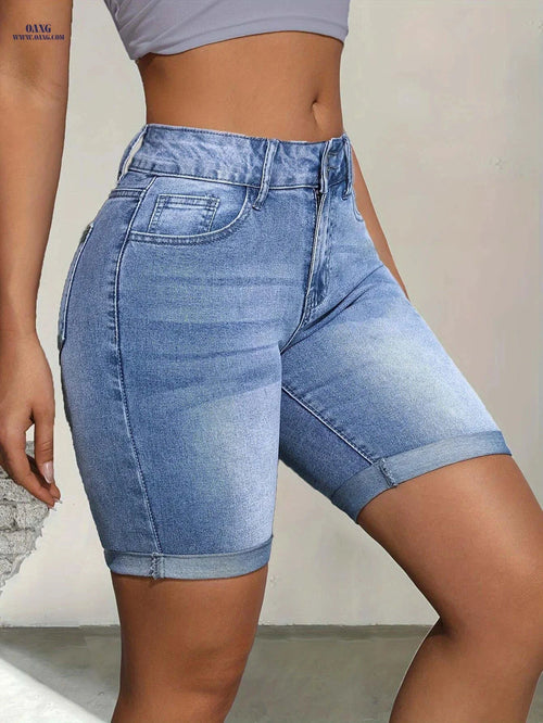 Elegant Blue Cat Whiskers Mid-Pants - High Stretch Cotton Denim   OAXG 