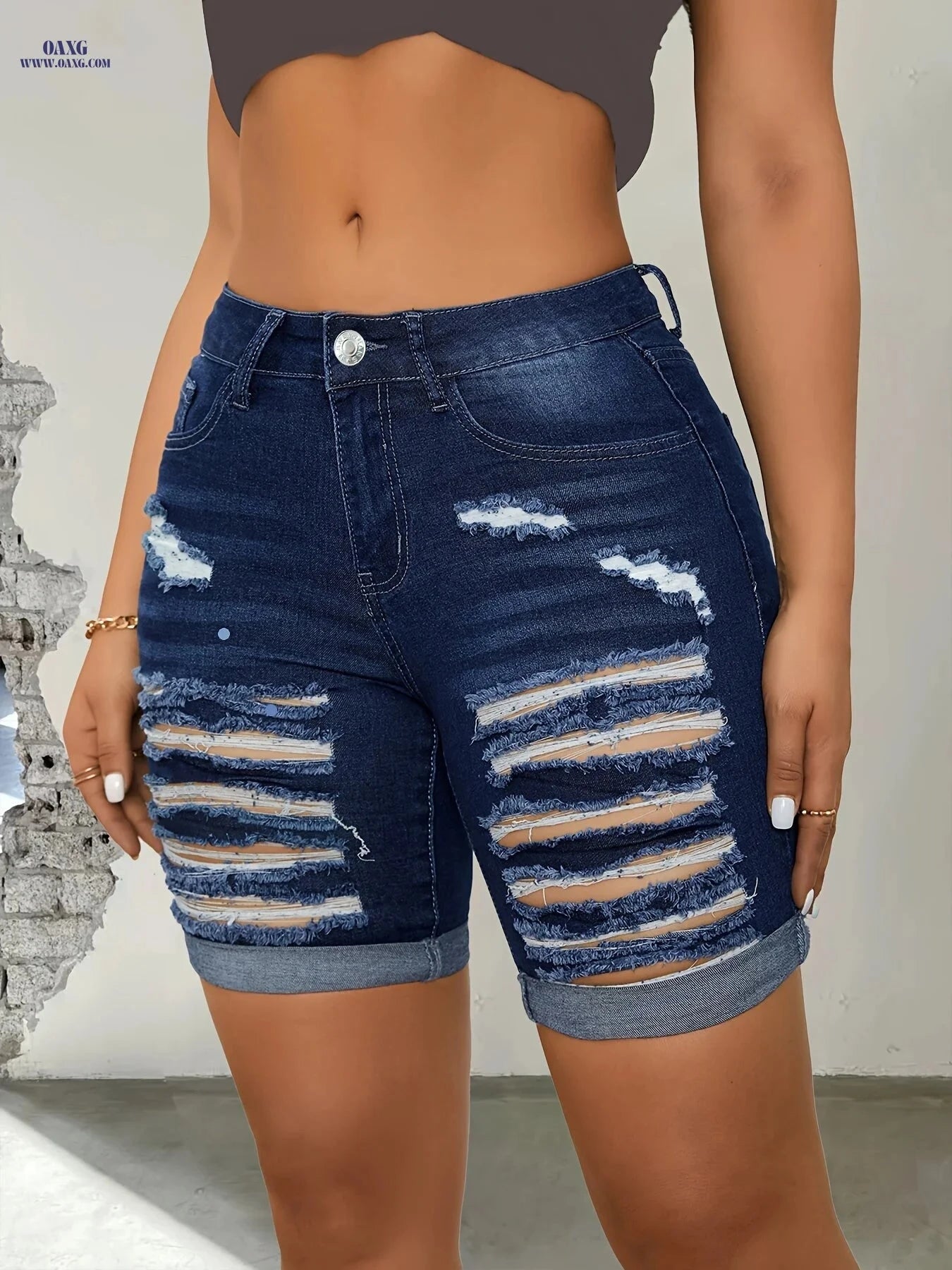 Elegant Blue Elastic Waist Pants - High Stretch Mid-Length Denim   OAXG 