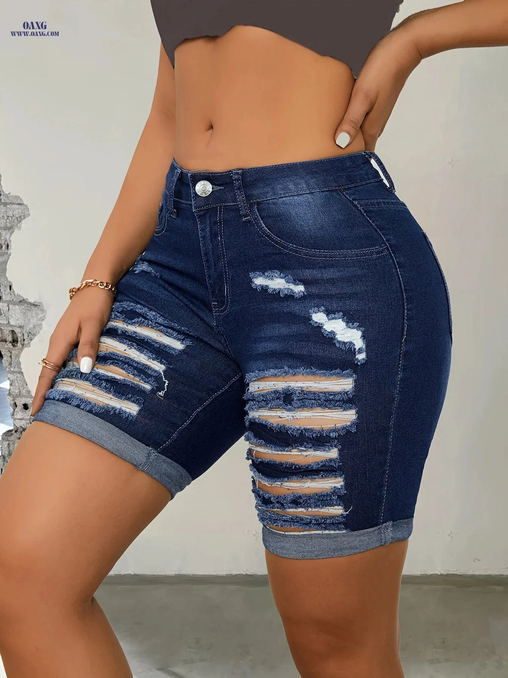 Elegant Blue Elastic Waist Pants - High Stretch Mid-Length Denim   OAXG 