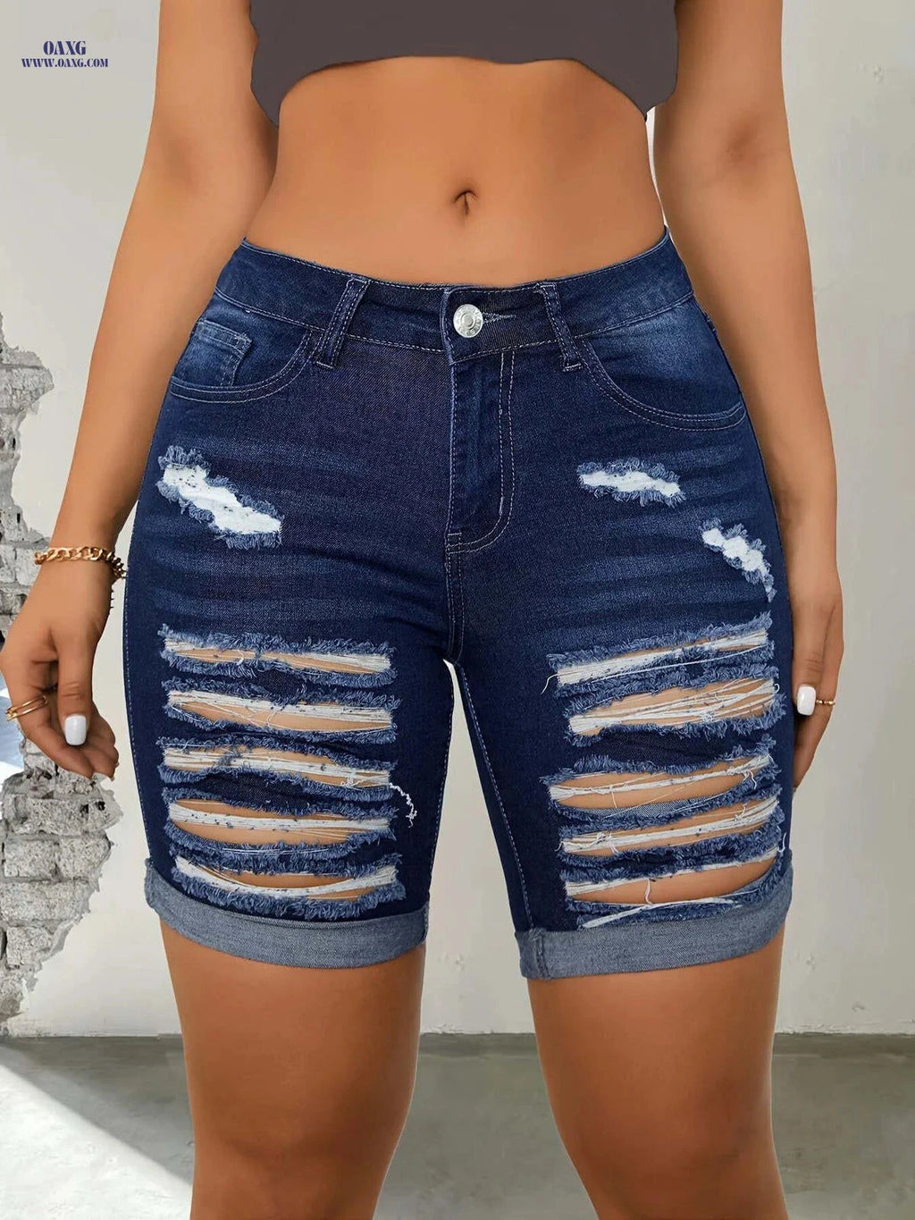 Elegant Blue Elastic Waist Pants - High Stretch Mid-Length Denim   OAXG 