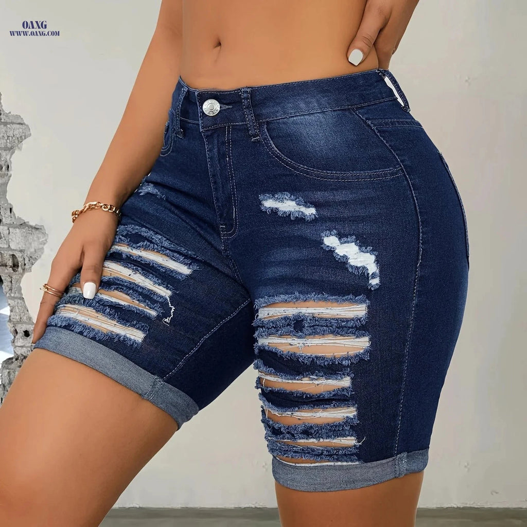 Elegant Blue Elastic Waist Pants - High Stretch Mid-Length Denim   OAXG 