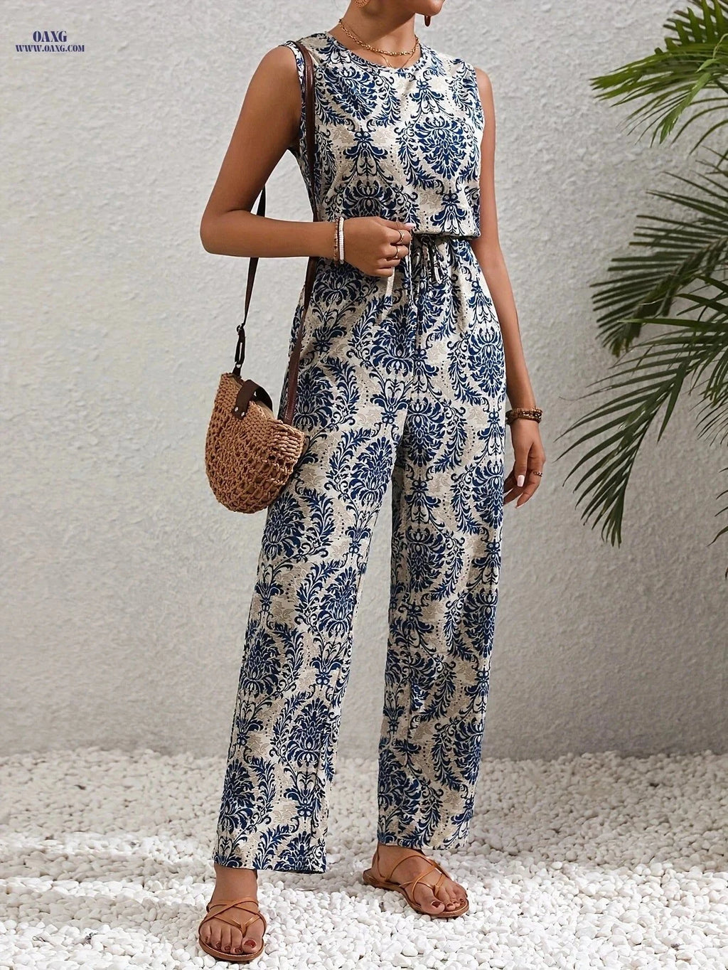 Elegant Blue Floral Print Jumpsuit - Women's Casual Spring Style   OAXG Blue / S