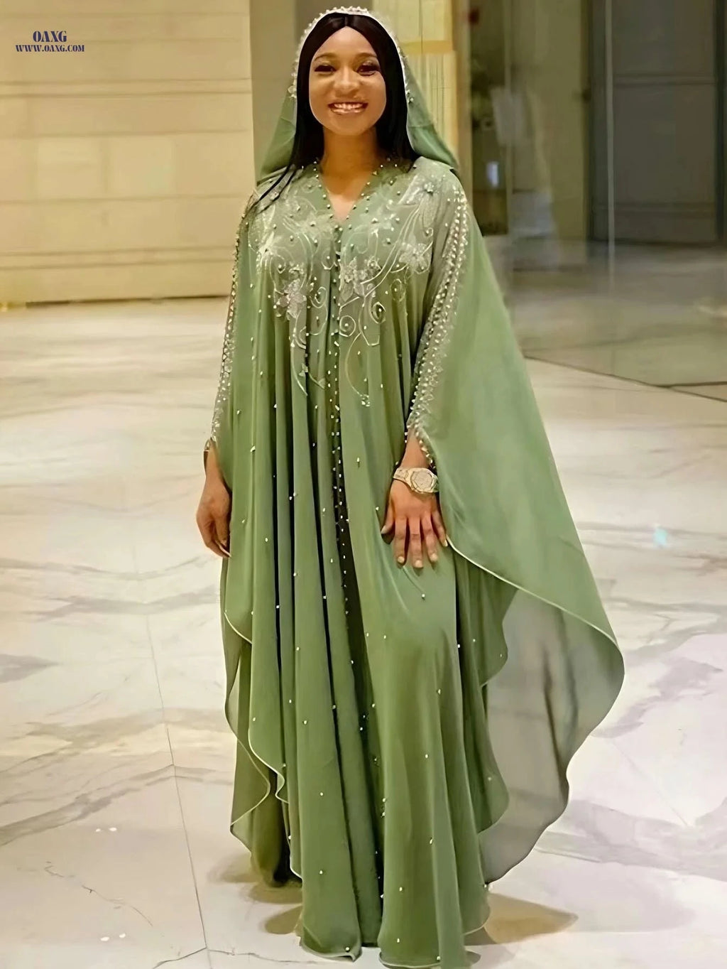 Elegant Blue Geometric Maxi Dress - Three Quarter Sleeves, Perfect for Summer   OAXG Dark Green / One-size